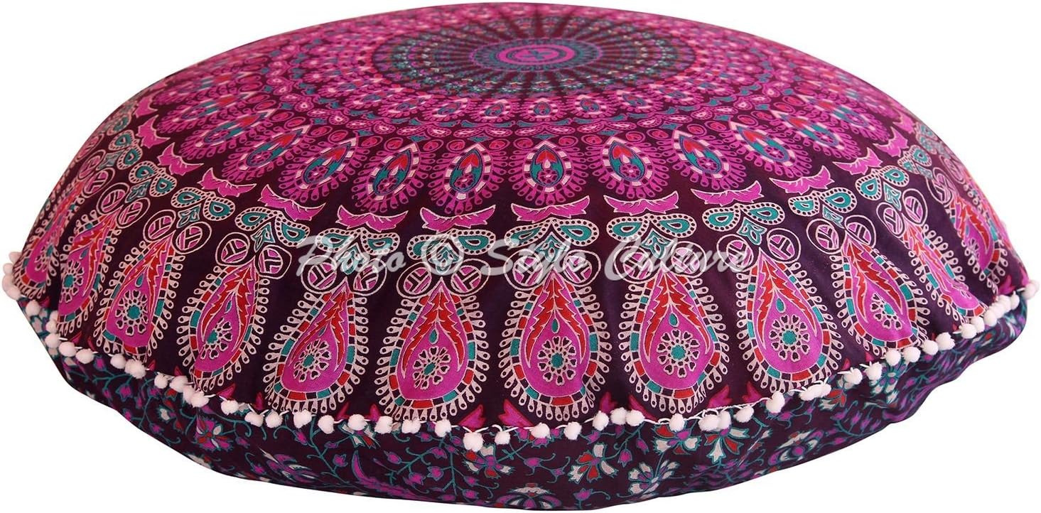 Decorative Bohemian Floor Cushion For Kids Reading Corner Throw Pillow Cover Purple Pink 80x80cm Mandala Yoga Cushions Pom Pom Lace Round Large 32 in Hallway Cotton Chair Seating Cover