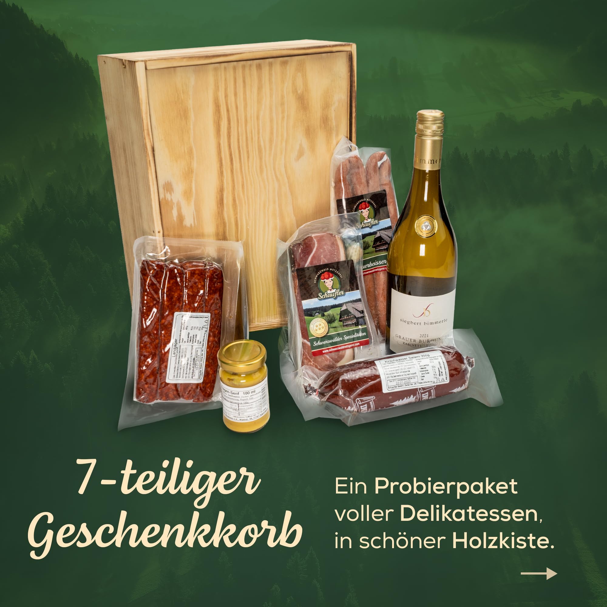 Schwarzwald Metzgerei: Geschenkkorb "Holzkiste" mit Wurst- und Schinken-Delikatessen – Präsentkorb mit Schwarzwälder Schinken, Feigensenf und Weißwein als Geschenk für jeden Anlass