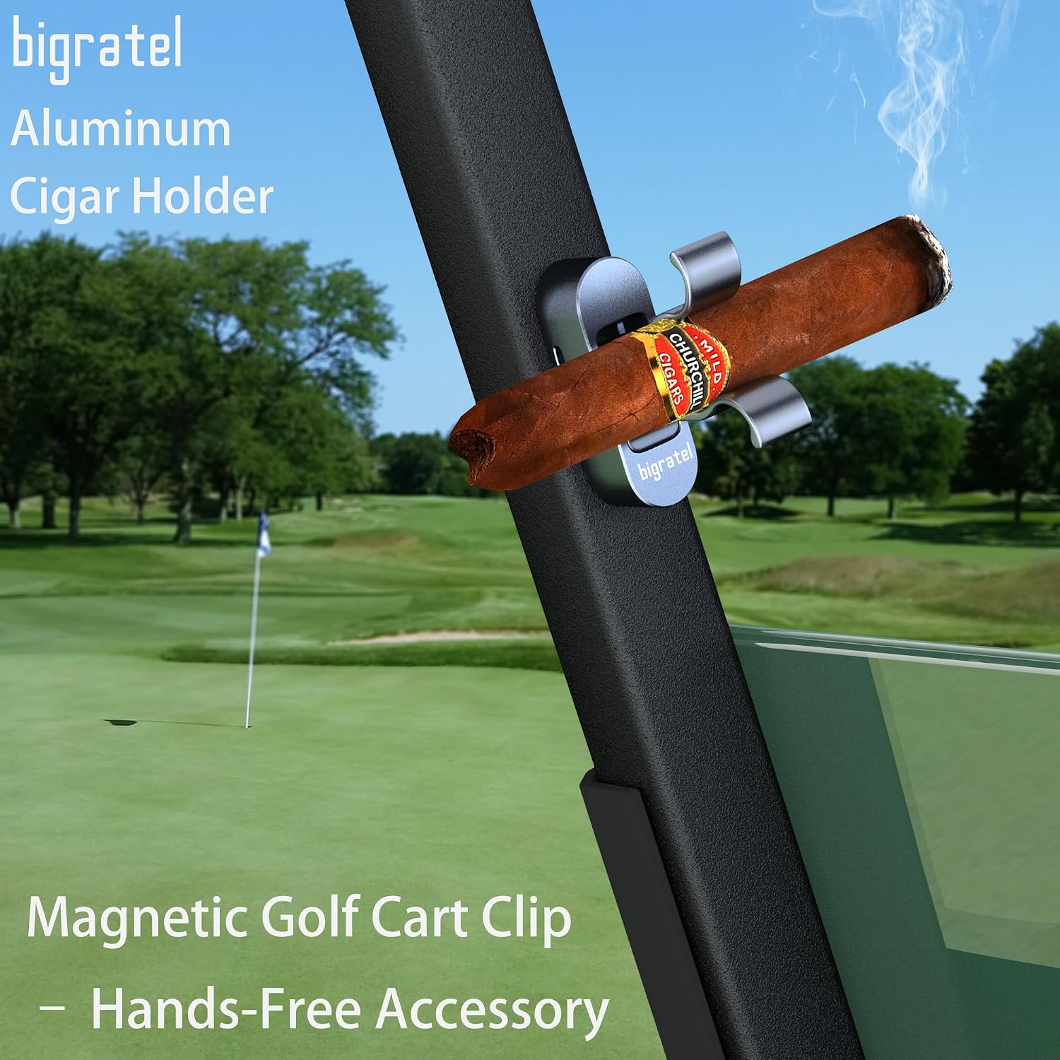 Cigar Holder for Golf Cart,Golf Cart Cigar Holder with Hook and Loop Strap Hold 20-70RG,Cigar Clip Holder for Cigar Lovers,Magnetic Cigar Holder for Golfers,Aluminum,Blue Gray.