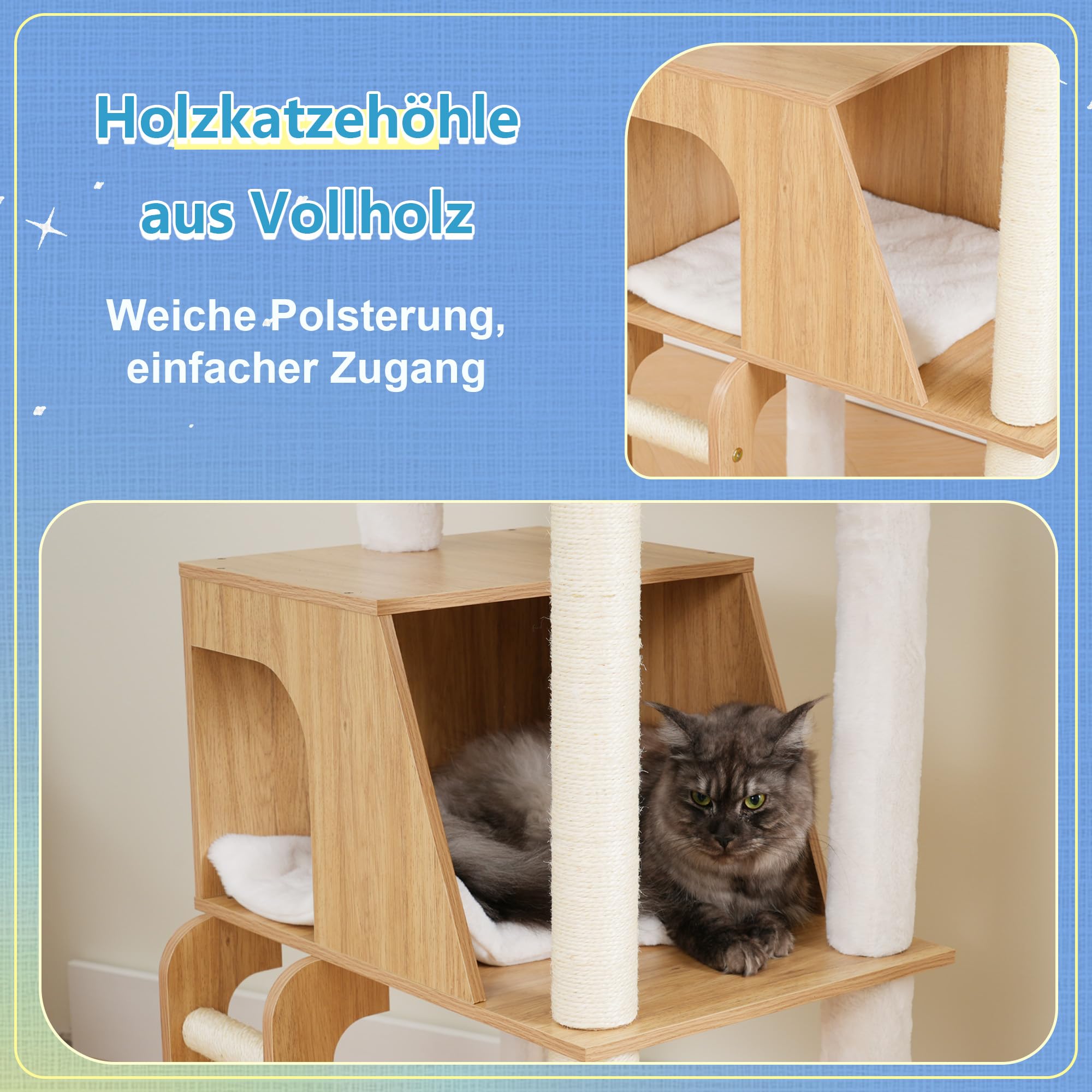 Hey-brother Albero per Gatti in Legno Moderno, Tiragraffi per Gatti 184 cm, Multinivello Stabile con Piattaforme Grandi, Amaca, Nido Spazioso, Pettine per Mantello e Scala, Bianco Rovere MPJ121BT