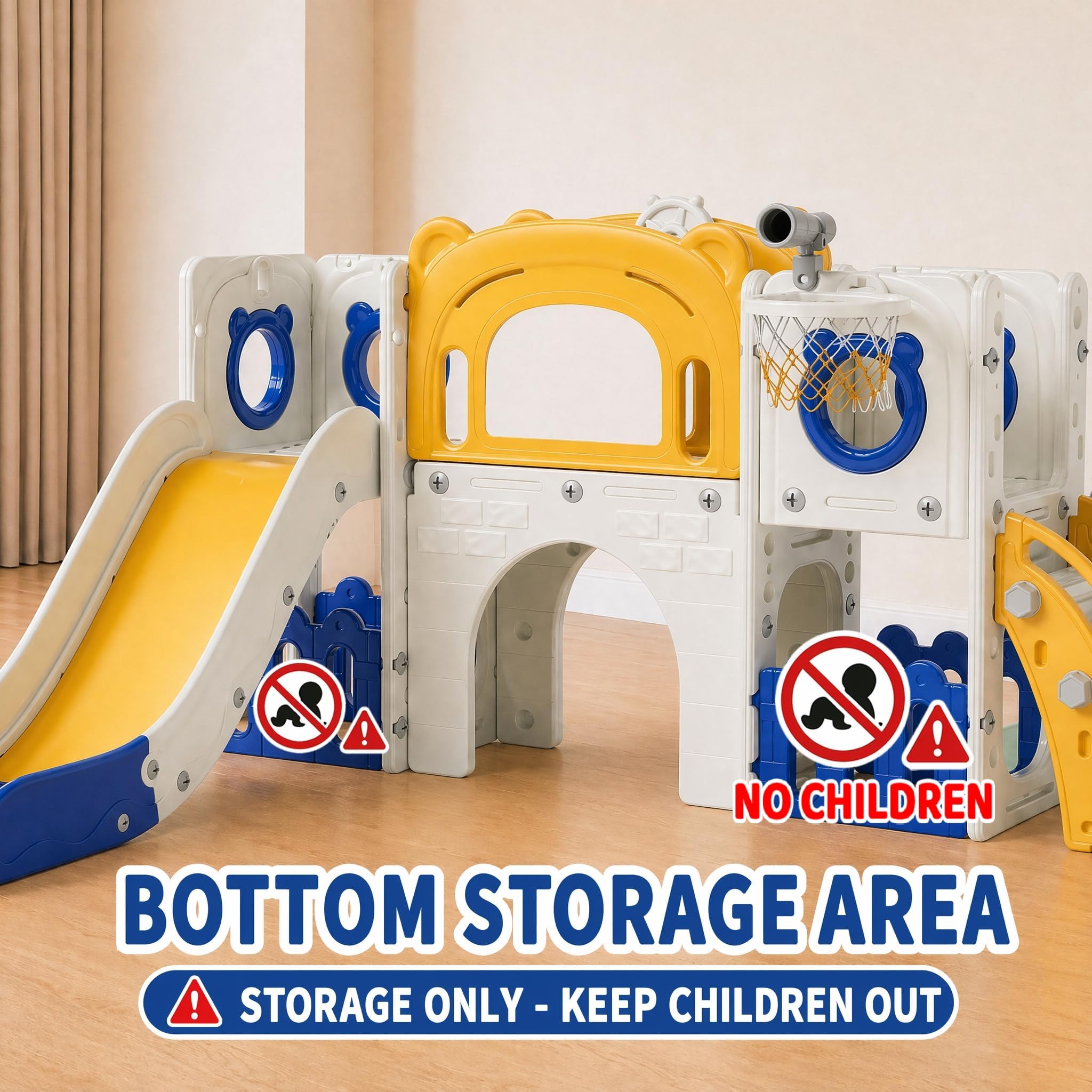 MAMIZO Parco Giochi Modulare 10 in 1 - Scivolo per Bambini da Esterno ed Interno con Canestro da Basket, Telescopio,Tunnel, Tavolo da Disegno,Spazzola e Vano Deposito (Giallo Verde), 4PCS Moduls