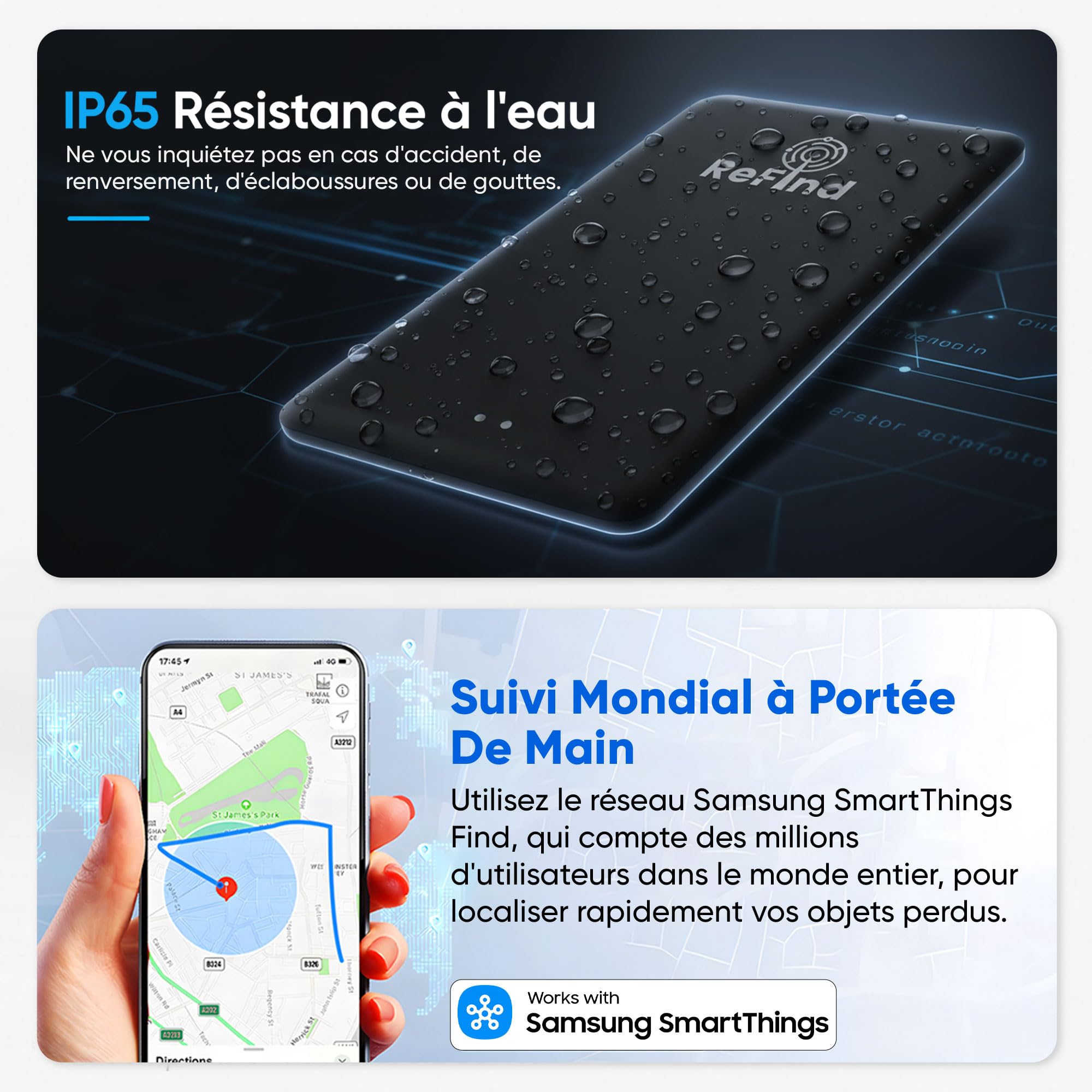 ReFind Carte-Tracker (Uniquement pour Samsung) – Balise Intelligente Mince et Robuste pour Portefeuilles, Sacs. Carte-Tracker Rechargeable, Compatible avec l'application Samsung SmartThings.