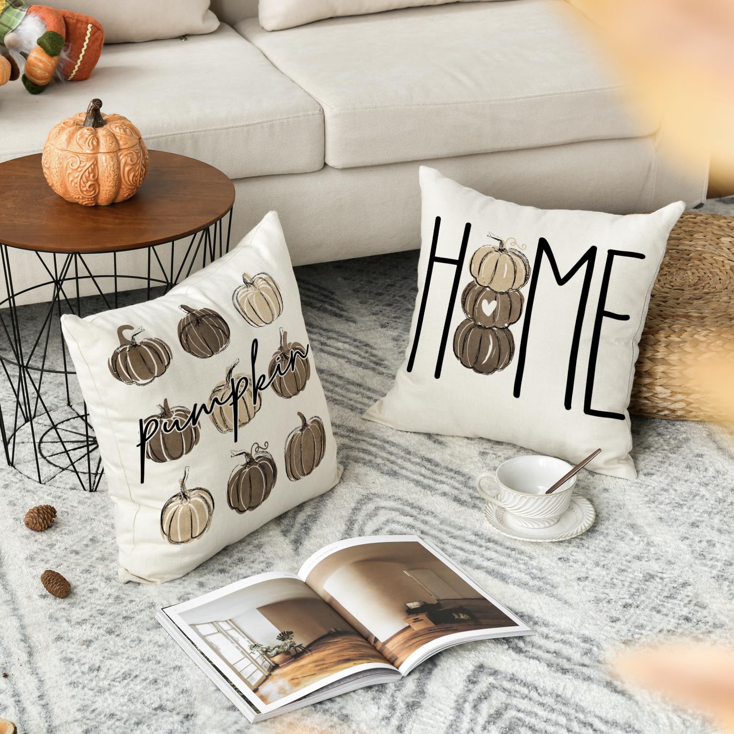Fall Pillow Covers 16x16 Inch - Pumpkin & Bonfire Flannel Linen, Farmhouse Decor, Throw Cushion Cover For Sofa Bedroom - View #7