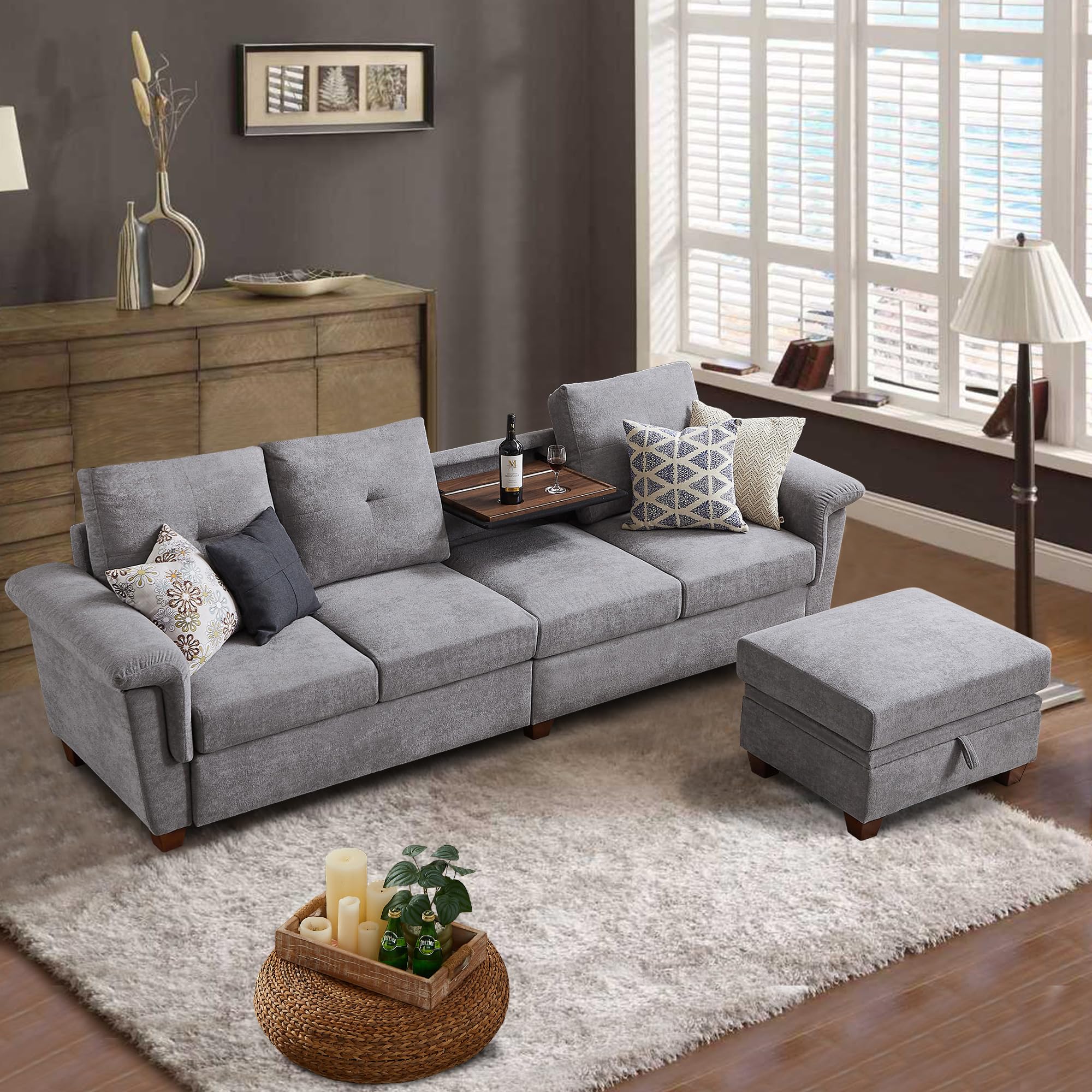 Soscana Convertible Sectional Sofa with Storage, 4 Seat L Shaped Couch with Chaise and Cup Holder, Modern Microfiber Fabric Sofas Couches for Living