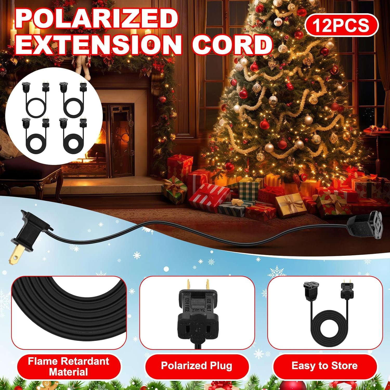 Yunsailing 12 Pack 2 Prong Extension Cords 3ft 6ft 9ft 12ft Assorted Lengths for Christmas Lights Indoor Outdoor 20AWG Polarized Power Extension Cable for Holiday String Lights Decorations(Black)