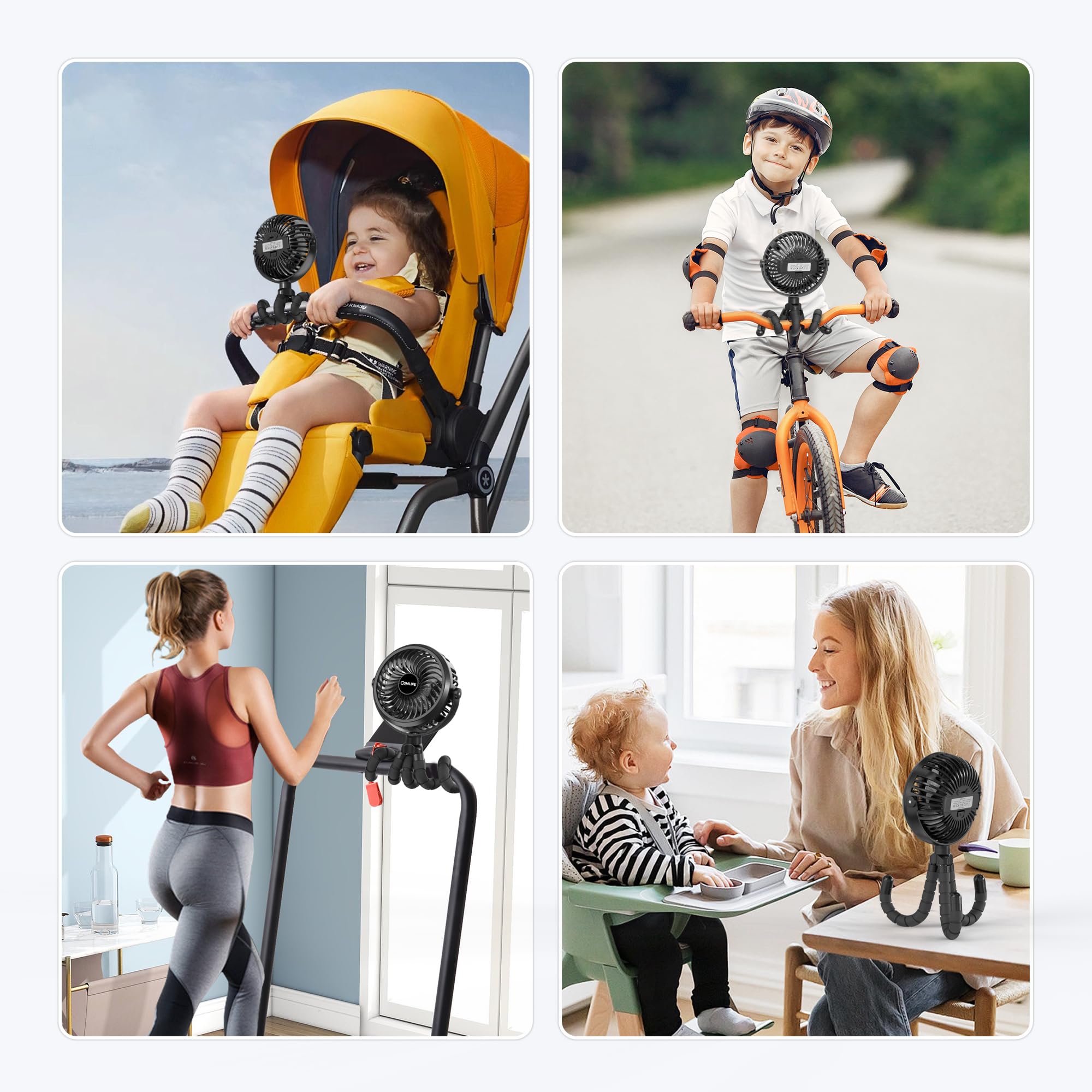 Ventilateur polyvalent ultra silencieux à clipser avec trépied flexible, flux d'air puissant, rotatif à 360 °, portable USB pour poussette et siège de voiture