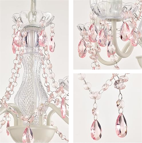 Miniatura 4 de Candelabro blanco enchufable rosa con detalles de cristal rosa, lámpara de araña de 4 luces de cristal