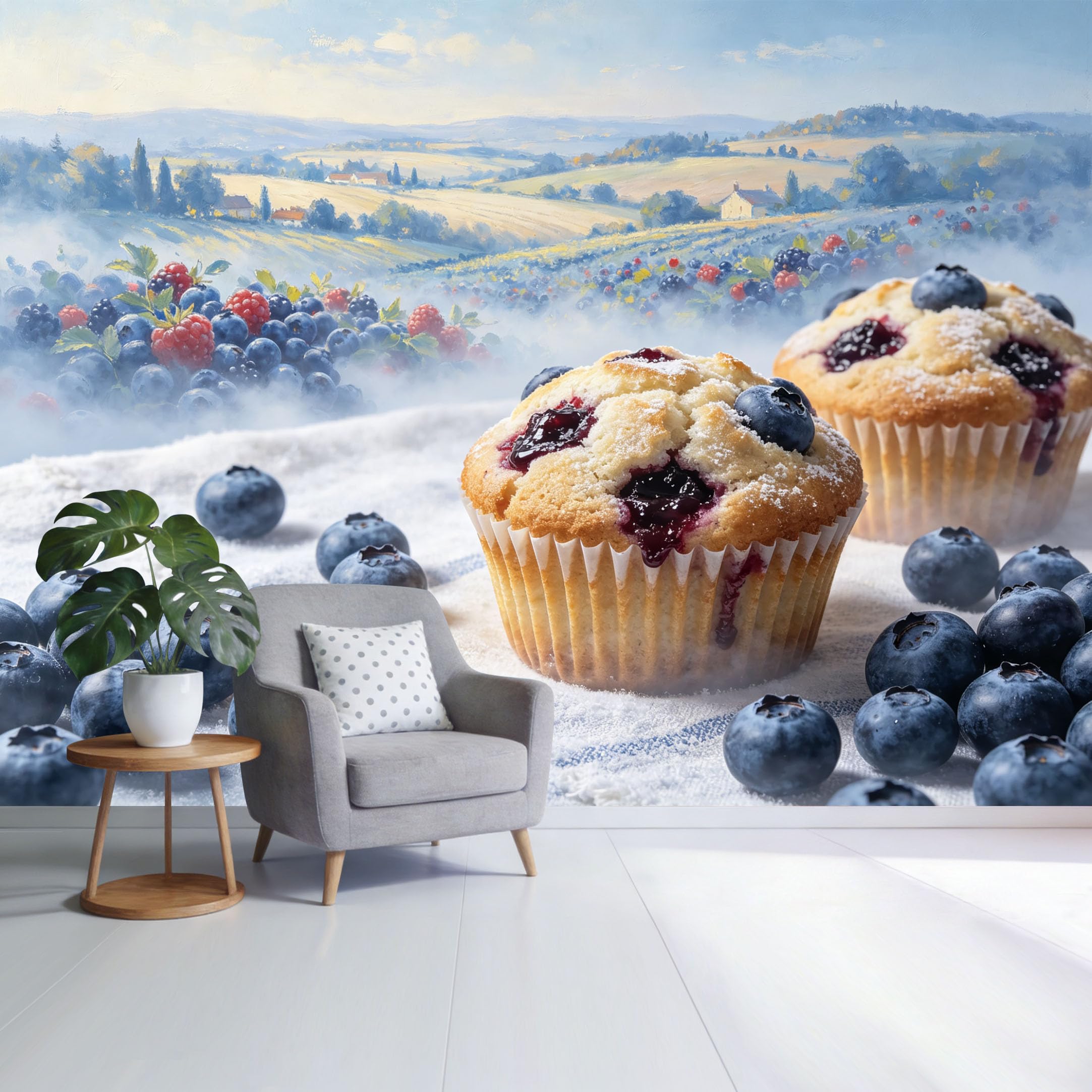Custom Size Wall Mural Blueberry Muffin Berry Field Landscape Watercolor Style SelfAdhesive Wall Fabric Removable Wallpaper for Home Office Decor