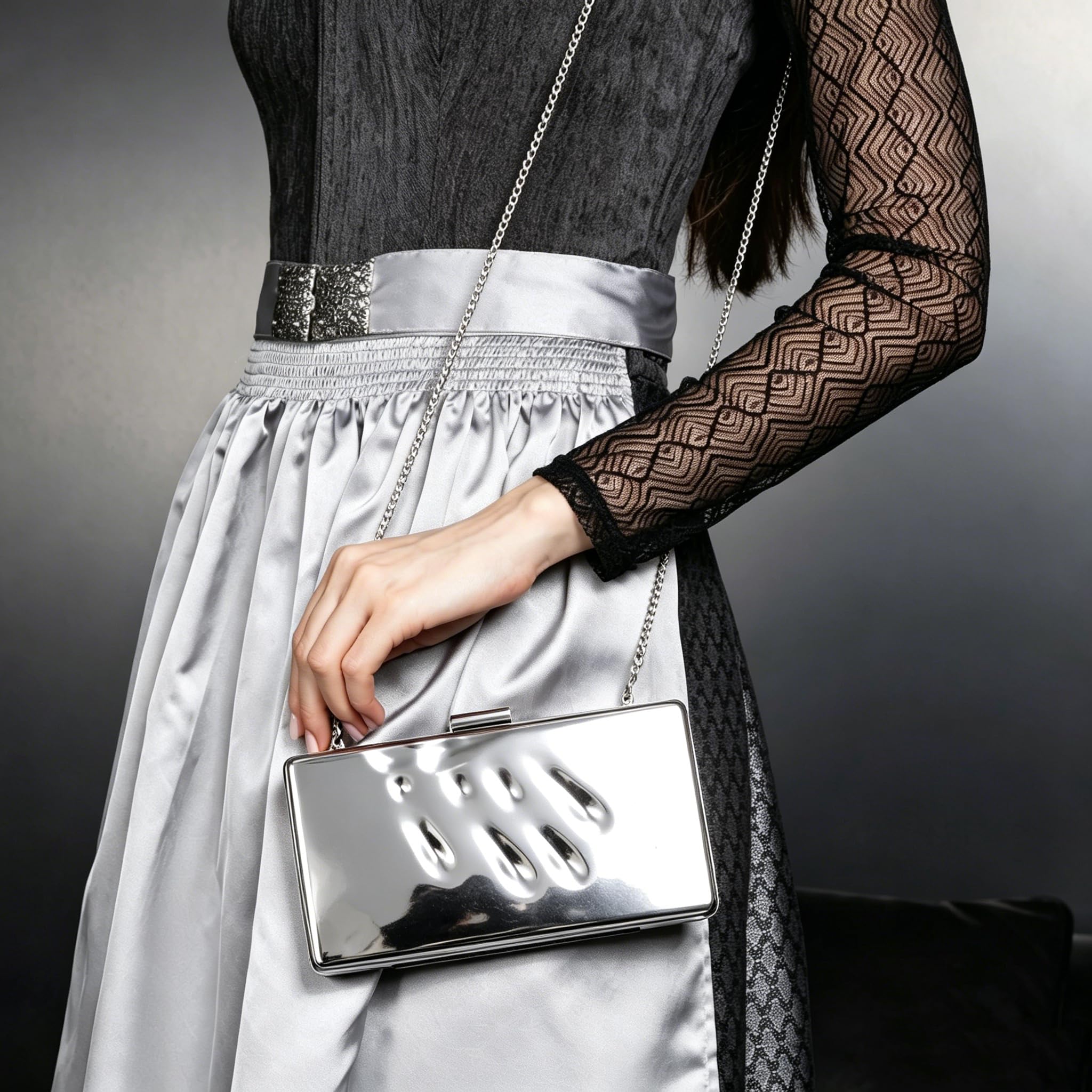 Bolso de noche para mujer, bolso de mano, metales, bolso de embrague, monedero, mujer, boda, noche, fiesta, moda (Color: plata negro)