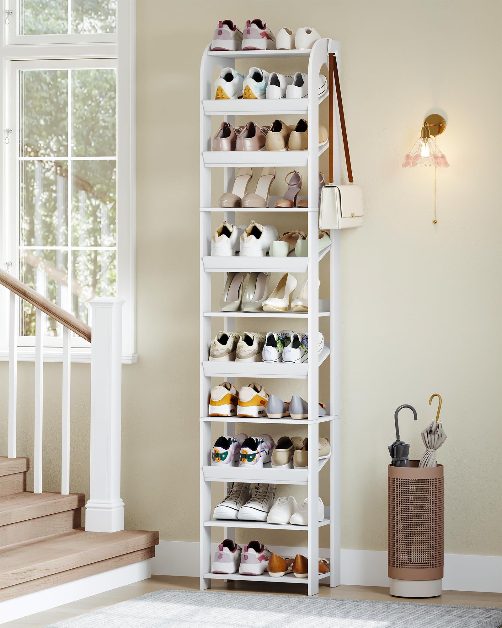 Hzuaneri Vertikales Schuhregal, 11 Ebenen, mit Haken, 42,5B cm, Weiß | Holz-Schuh-Organizer für Schrank, Eingang, Schuhturm für Kleine Räume, Freistehend, Verstellbar, SR13403X