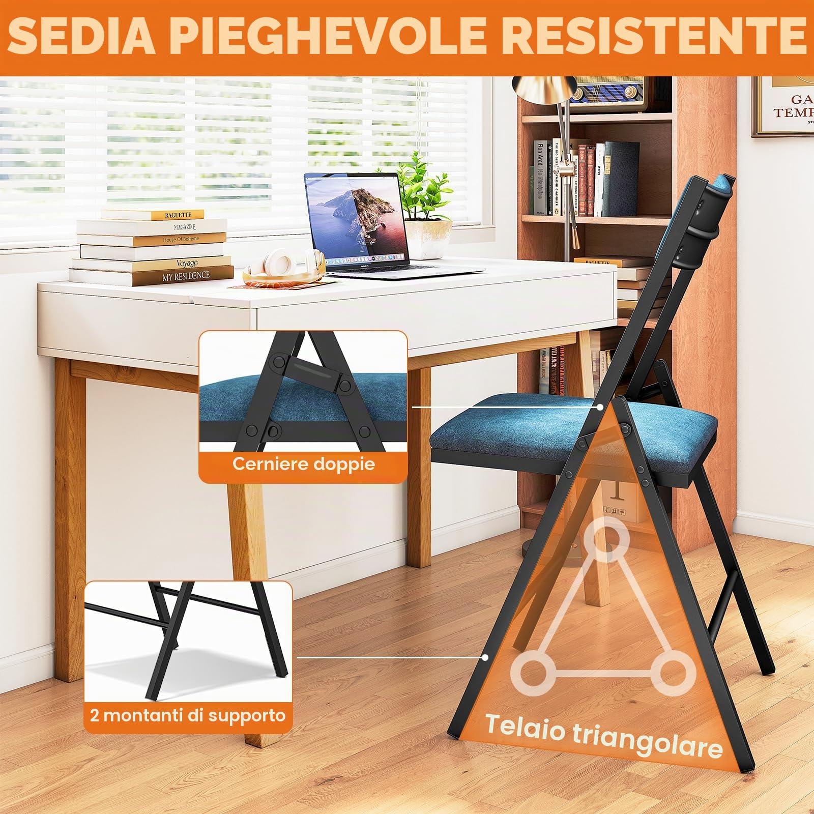 Set di 4 sedie pieghevoli, imbottita in velluto, portata fino a 200 kg, in stile retrò, molto resistenti con robusto telaio, per Giardino, Esterno, Campeggio, Balcone, Interni, Ufficio, Feste ,Blu