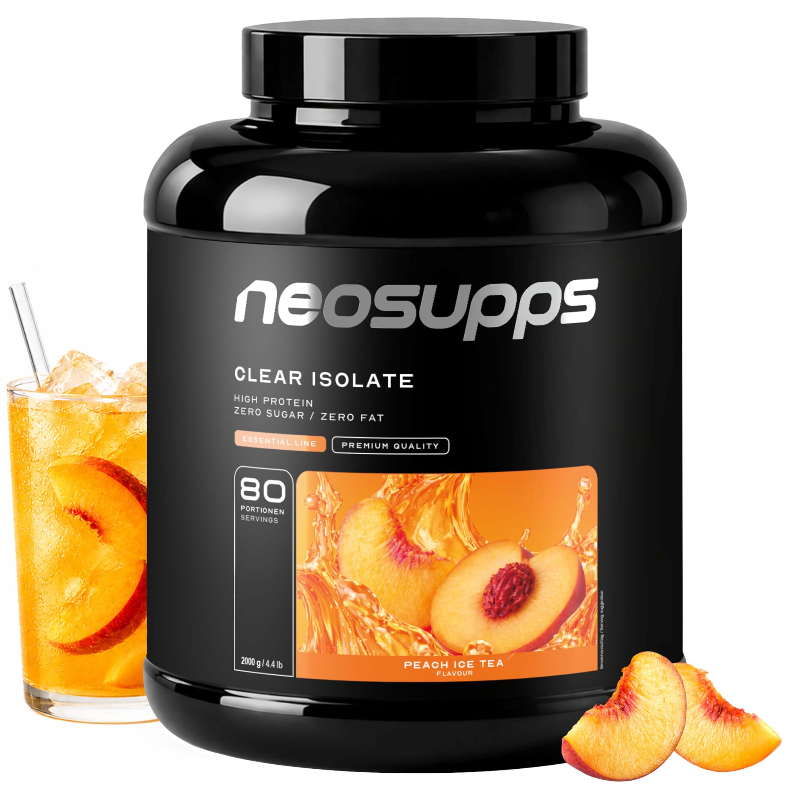 NEOSUPPS Clear Whey Isolate Peach Ice Tea 2000g, Made in Germany, Leichtes wasserlösliches Whey Isolat Protein Pulver, perfekte Alternative zu Limo & Fruchtsäften, Hochwertiger Molkenprotein Isolat