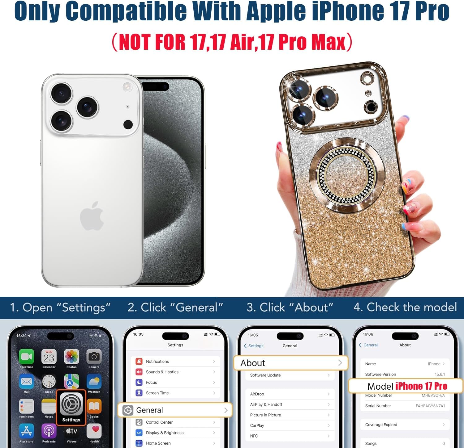 Misscase for iPhone 17 Pro Magnetic Glitter Case Compatible with MagSafe,Full Protection Slim Shockproof Anti-Scratch Case with Camera Lens Protector Plating Bling Dust-Proof Net Gold - Image 2