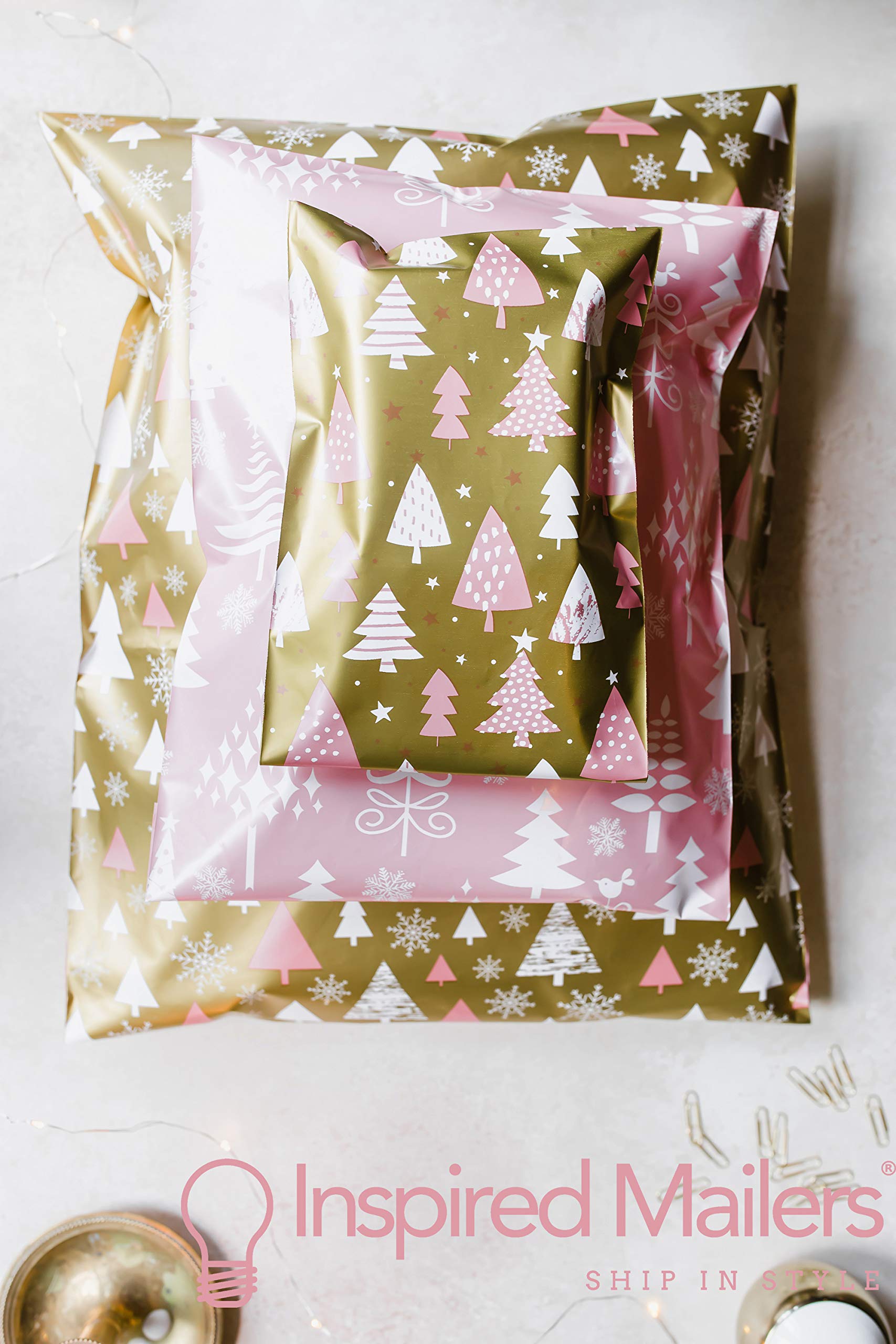Inspired Mailers - Poly Mailers 14,5 x 19-50 sztuk - złote płatki śniegu deluxe (zielone) - zimowe koperty wysyłkowe - duże torby pocztowe - torby do pakowania do wysyłki