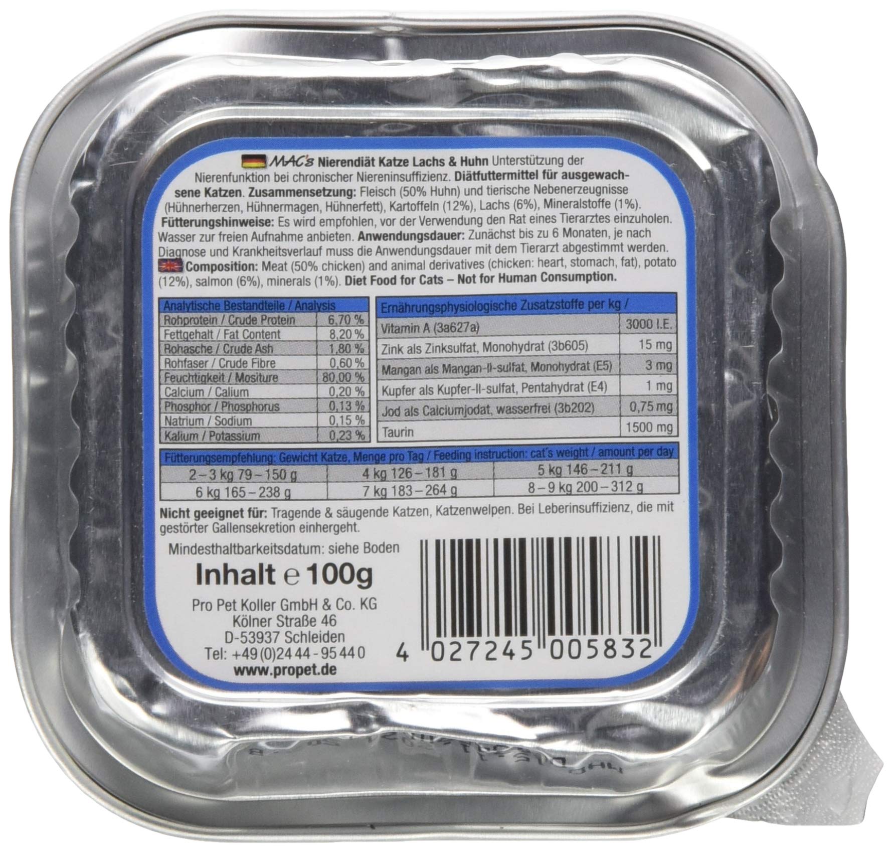 Mac's Cibo per gatti senza cereali Vetcare salmone pollo dieta renale 100 g