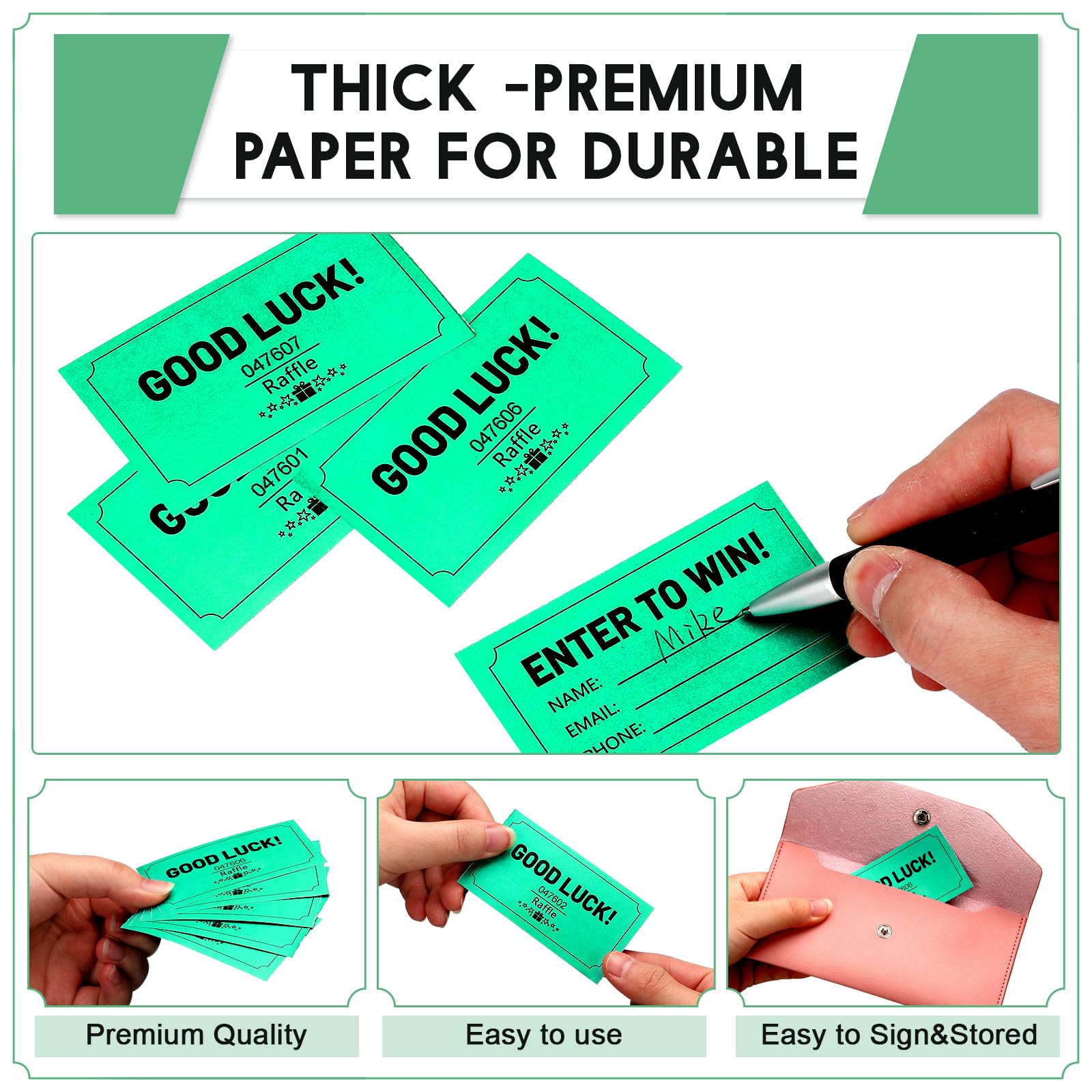 Clabby 1000 Pcs Large Raffle Tickets Rolls Green Raffle Cards Blank Entry Form with Name Phone Email for Events Fundraiser Prizes Printable for Classroom Entry Class Reward Door Prize - Image 4