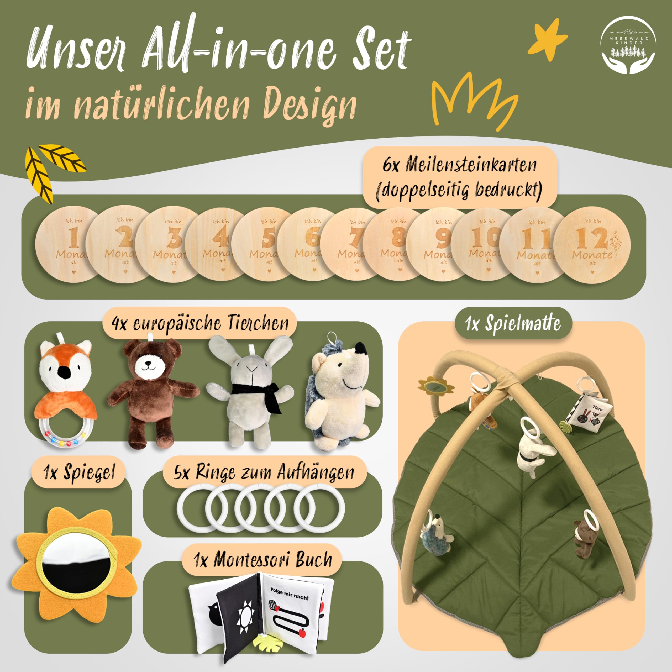 Premium Spielbogen Baby XXL waschbar mit 6 Montessori Sensorikspielzeugen, Meilensteinkarten, Spieldecke, Spielebogen, Baby Play Mat, Play Mat for Babies, Krabbeldecke mit Spielbogen