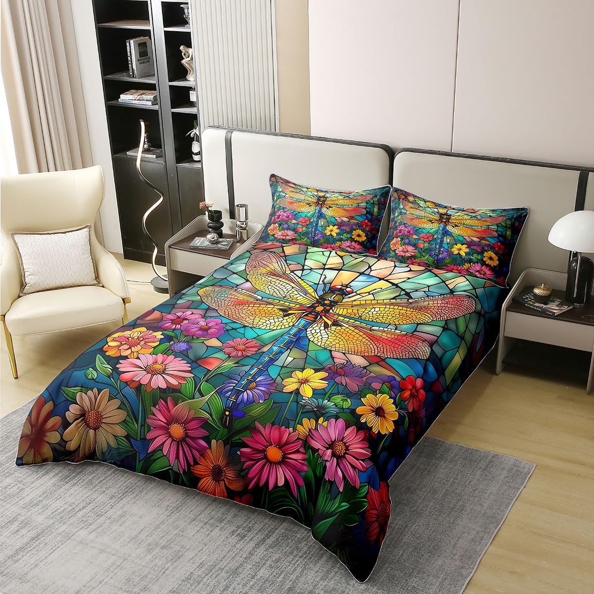 Homewish Dragonfly Kids Duvet Cover 100% Cotton Full Size,Daisy Sunflower Leaf Botanical Insect Girls Boys Bedding Set,Geometric Patchwork Art Colorful Retro Quilt Cover,2 Pillowcases(No Comforter)