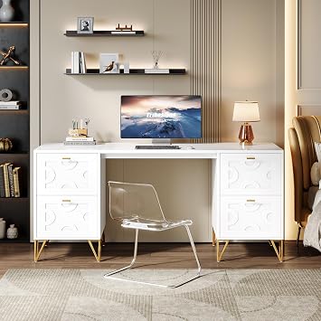 Tribesigns Office Desk with 4 File Drawers, White & Gold Home Office Desk