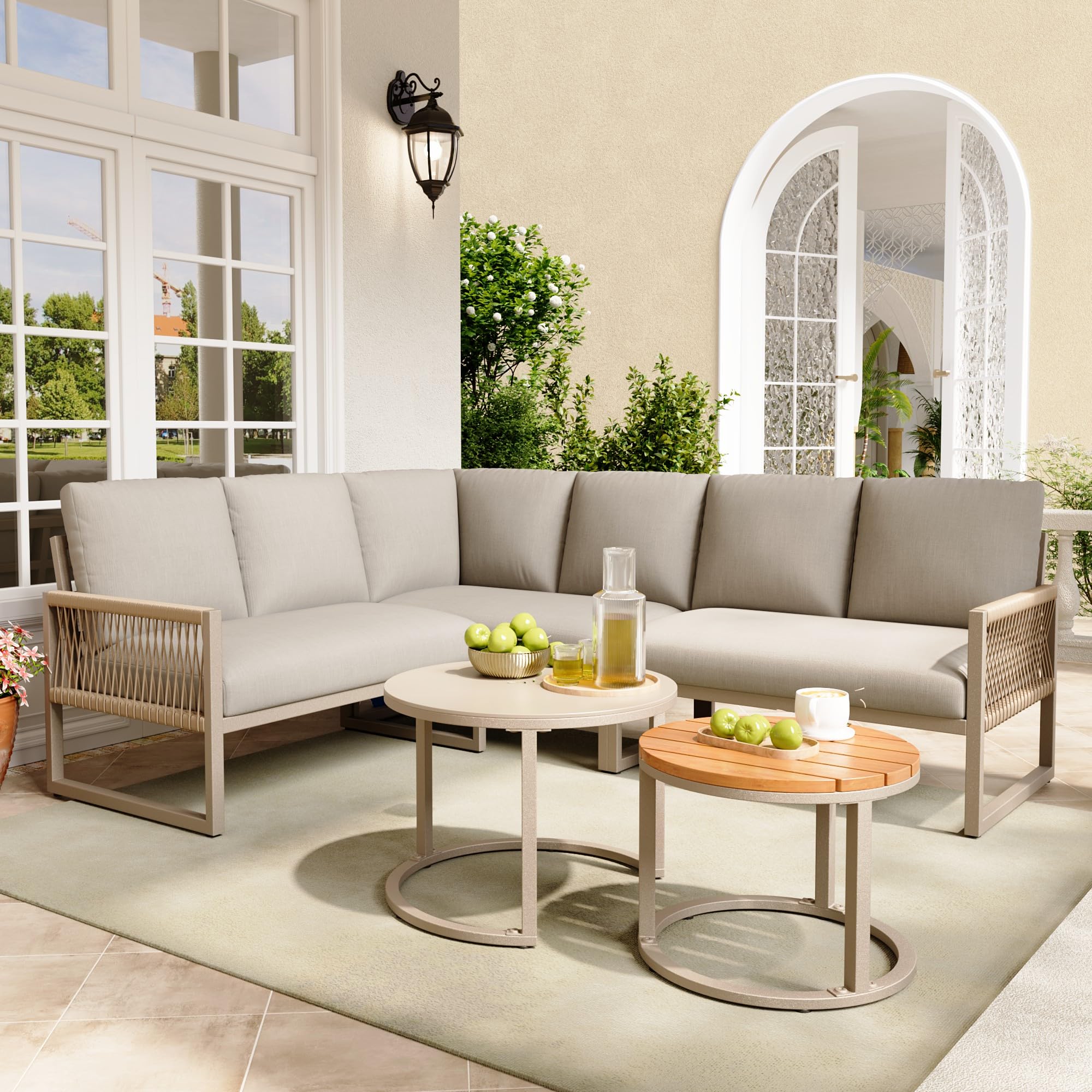 LAKFEW Conjunto Jardin Exterior de 5 Piezas con 2 Mesas y Patas Ajustables, Muebles Jardin Exterior Modular para 6-7 Personas, Sofa Exterior Esquinero con Cojín Cómodo (Beige)