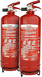 2x Pulver Feuerlöscher 2kg ABC + elektrische Geräte < 1000V | nach DIN EN 3 | Dauerdruck mit Manometer, Halterung & Standfuß | Universal Pulverlöscher Für Gewerbe, Haushalt & Auto