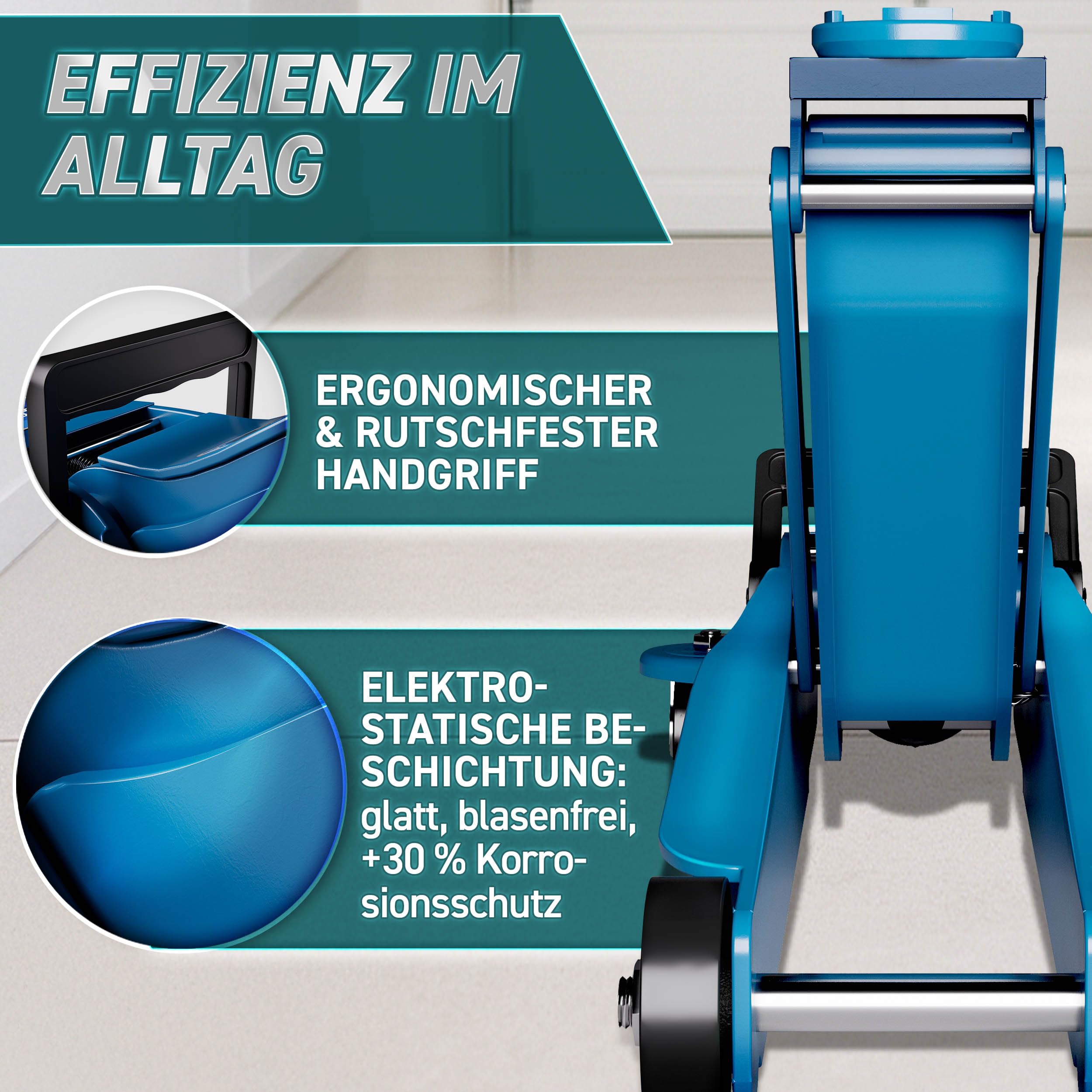 TRESKO® Wagenheber hydraulisch 2,5T Hubhöhe 85-385mm mit Koffer | Hydraulik KFZ Rangierwagenheber flach für tiefergelegte Autos - 360° Rollen inkl. 2X Gummiauflage, Kniematte, Handschuhe, Profilmesser