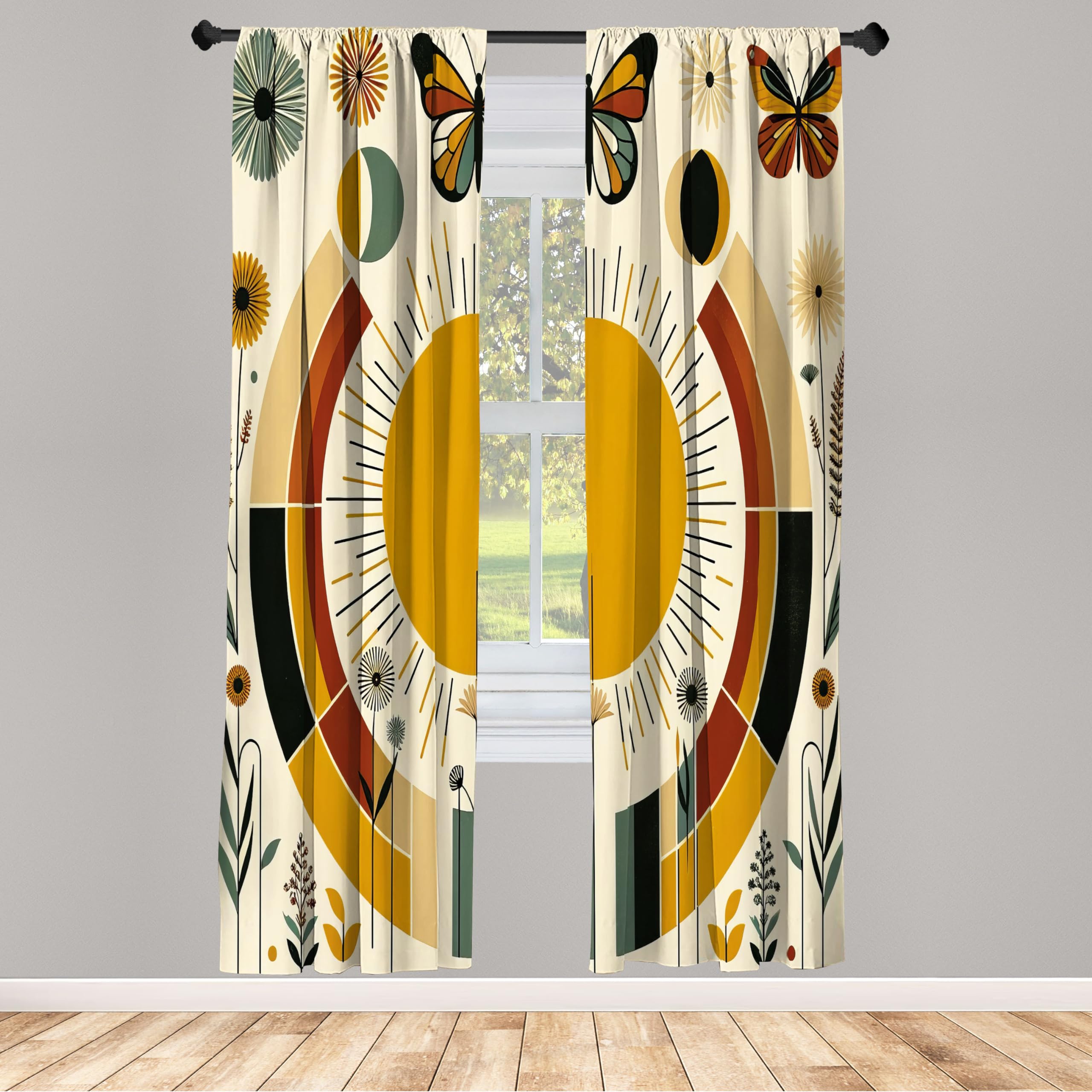 Ambesonne Mid Century Modern Window Curtains, Bohemian Details of Geometric Sun Butterfly and Leafy Floral, Lightweight Decorative 2-Panel Set & Rod Pocket, Pair of - 28