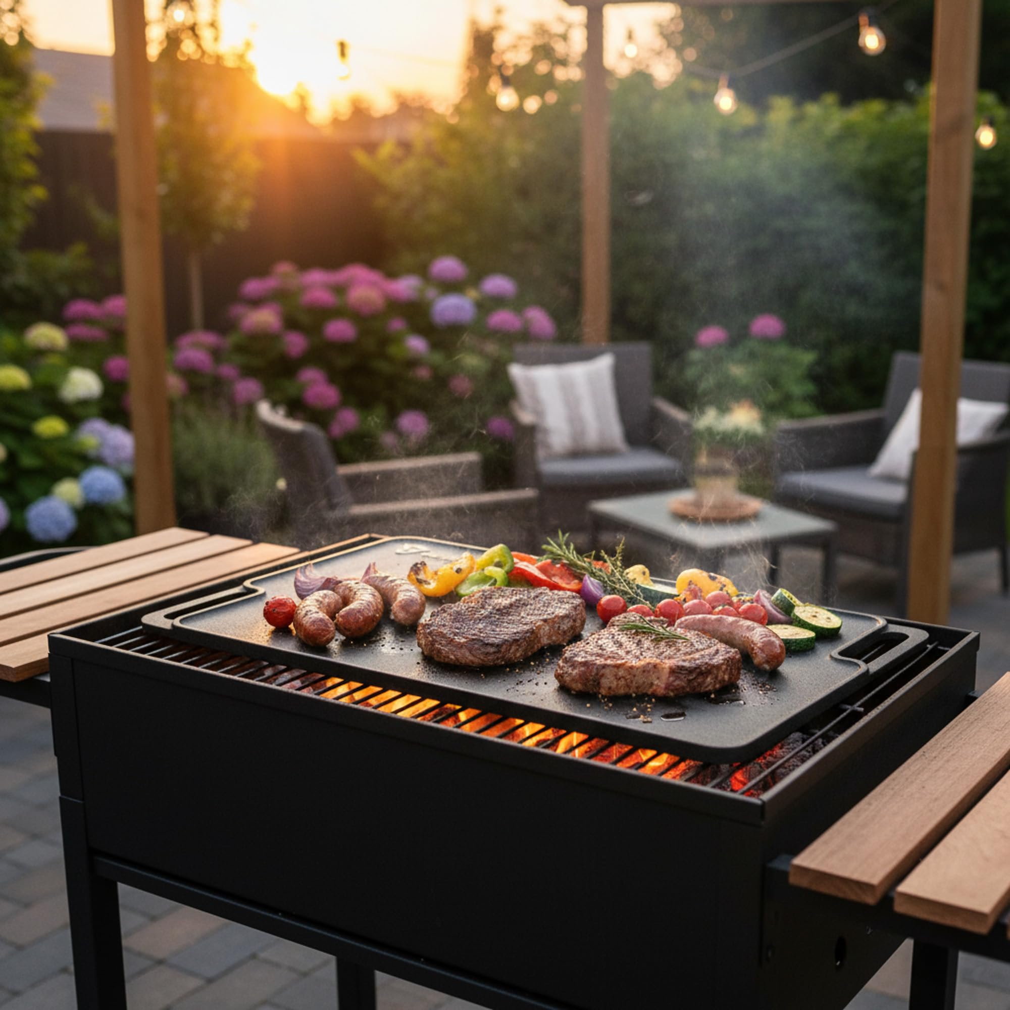 BBQ-Toro Piastra per waffle | Piastra per sandwich con 2 steli e manici in legno | Waffle + Pie Iron | doppia forma rettangolare in ghisa già bruciata | Piastra per waffle in ghisa