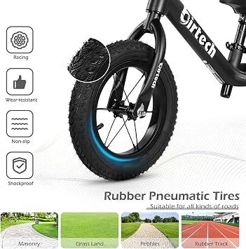 Birtech 12 Balance Bike for Boys and Girls 2-5 Year Old, Kids No Pedal Walking Bike with Inflatable Rubber Tires and Adjustable Seat, Training Bike Indoor Outdoor, Gift for Toddlers