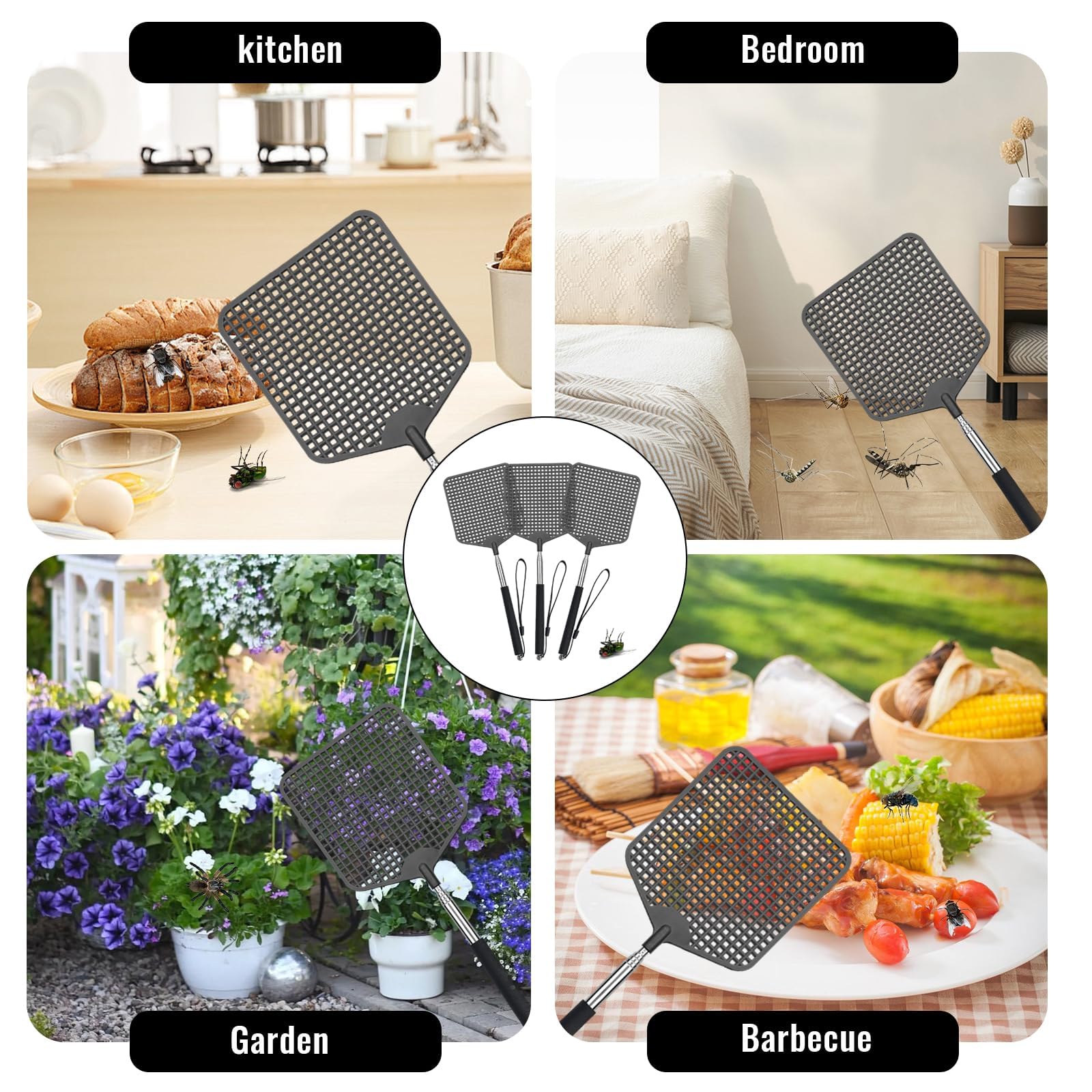 3 Pezzi Scacciamosche quadrato,Estensibile Paletta Mosche,Portatile Scacciamosche,Estensibile Scacciamosches,Scacciamosche Forte Flessibile,per Prevenire Mosche,Zanzare,Nero