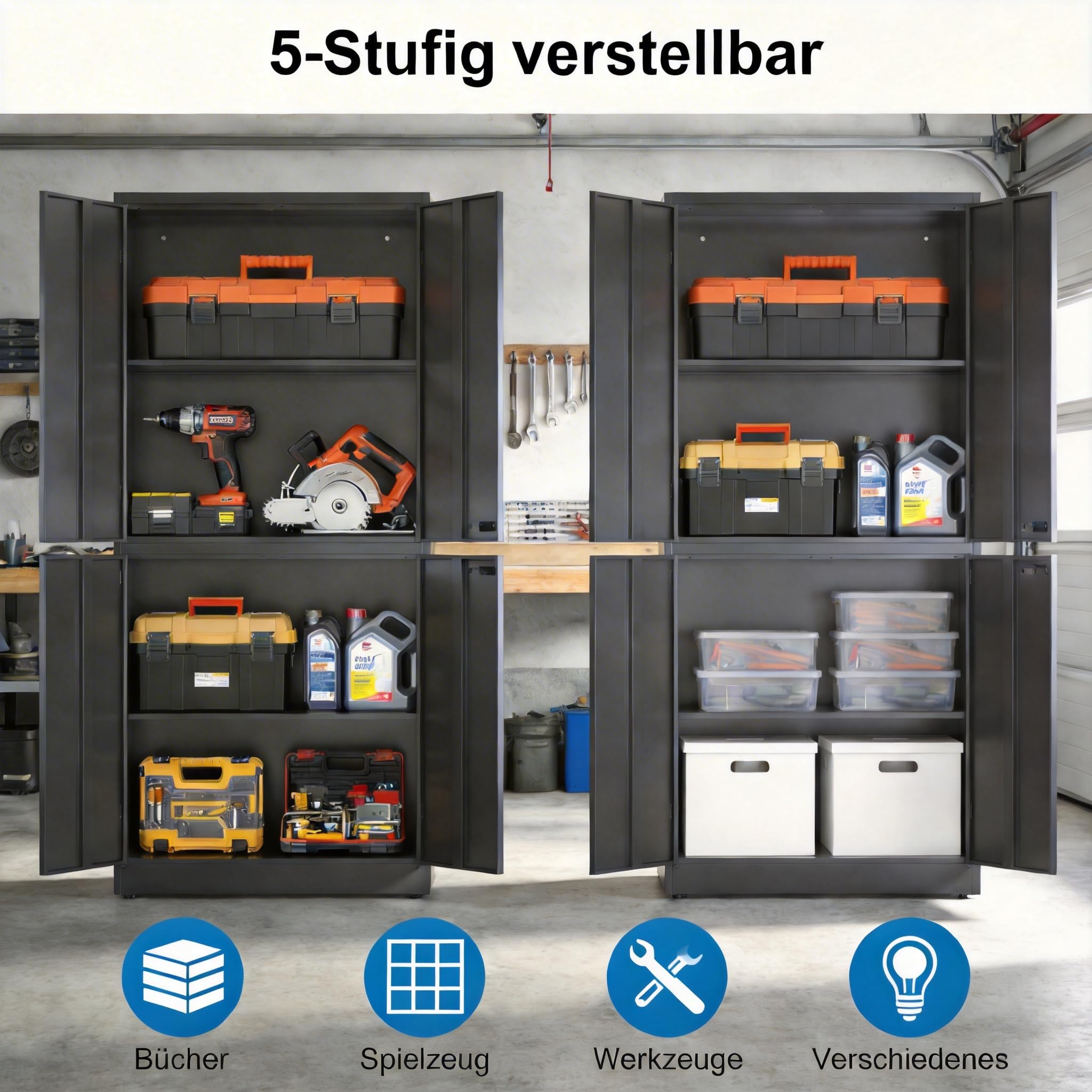 Mehrzweckschrank, Metallschrank, Werkzeugschrank mit 4 Türen Verstellbare Regale, Aktenschrank Abschließbar für Büro Garage 180X80X40cm Schwarz