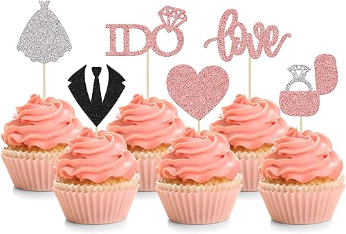 24 adornos para cupcakes de boda Love I Do - Anillo de vestido de corazón para tartas, decoraciones para despedidas de soltera, bodas, compromisos,