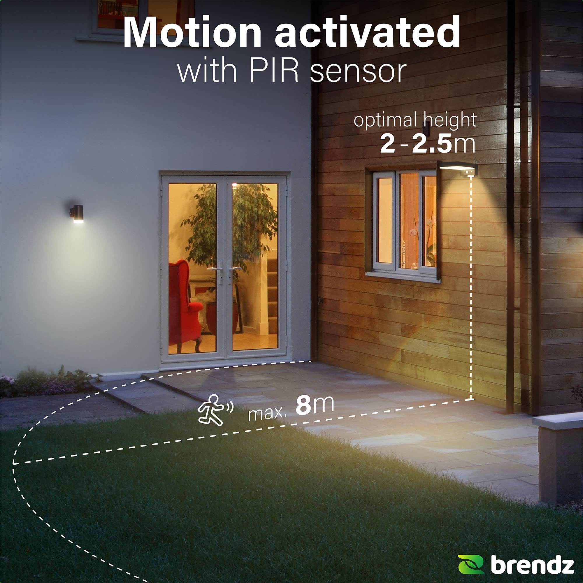 Brendz LED Solar Wandleuchte Aussen mit Bewegungsmelder: 600 Lumen Sicherheitslicht, 2 Stück, IP44 Wasserdicht, LED Solarlampe mit Bewegungsmelder & 3 Lichtmodi, Typ Bata