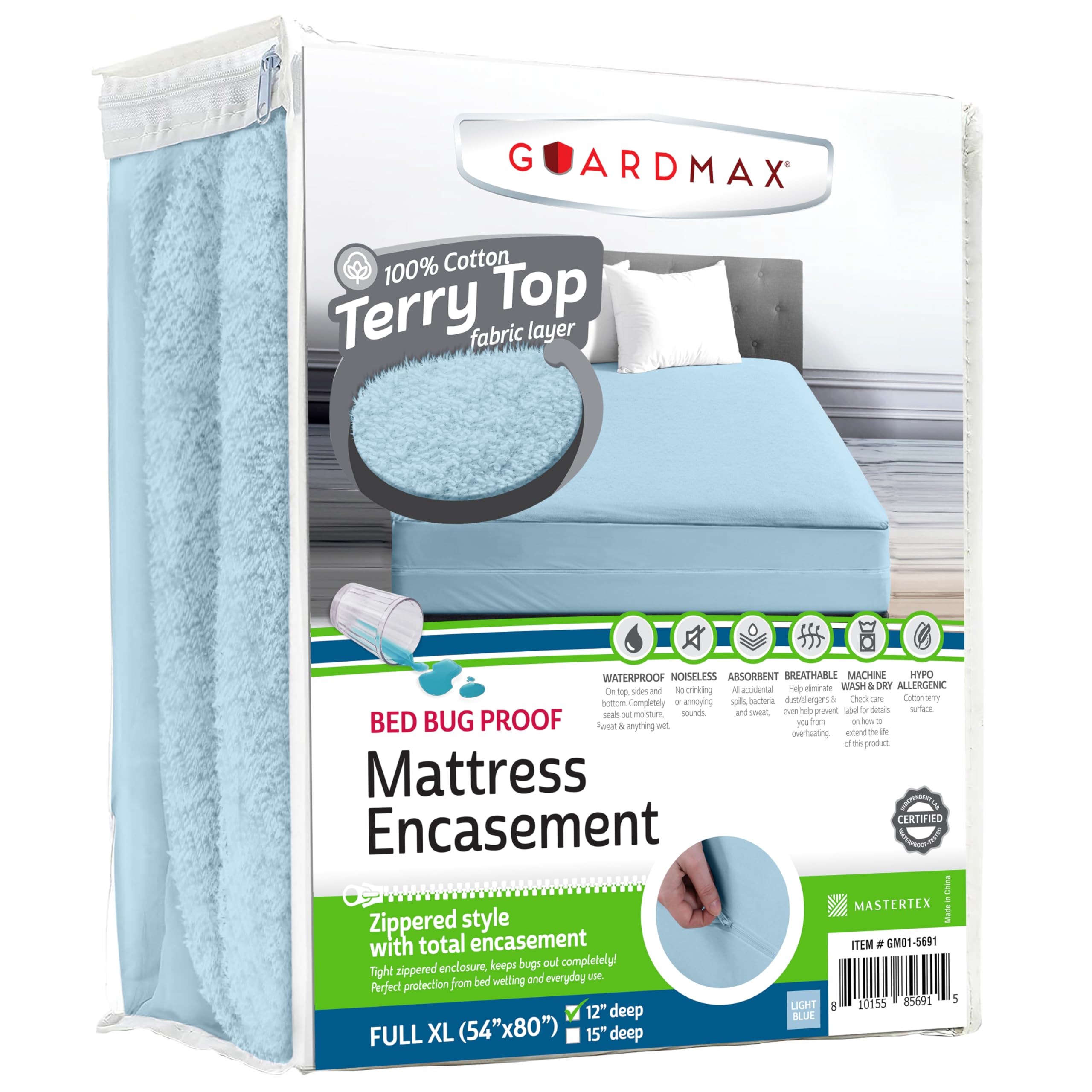 Guardmax Terry Cotton Zippered Mattress Encasement - Full XL Size - 100% Waterproof and Bed Bug Proof Mattress Protector - Absorbent Six-Sided Mattress Cover (Terry Cotton, Full XL) — image 1