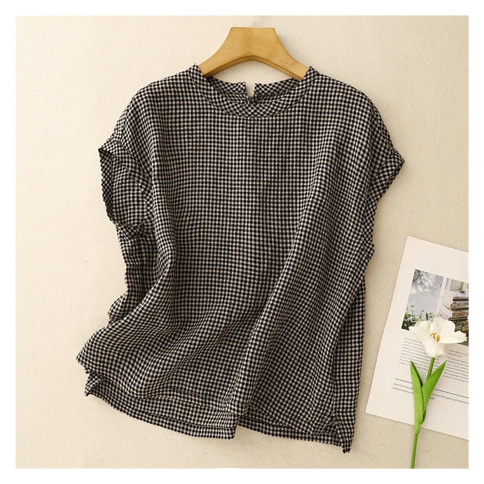 Camisa Lino Mujer Blusa de Lino a Cuadros Verano, Estilo literario Retro, Elegante, Universitario, Cuello Redondo, sin Mangas, Informal