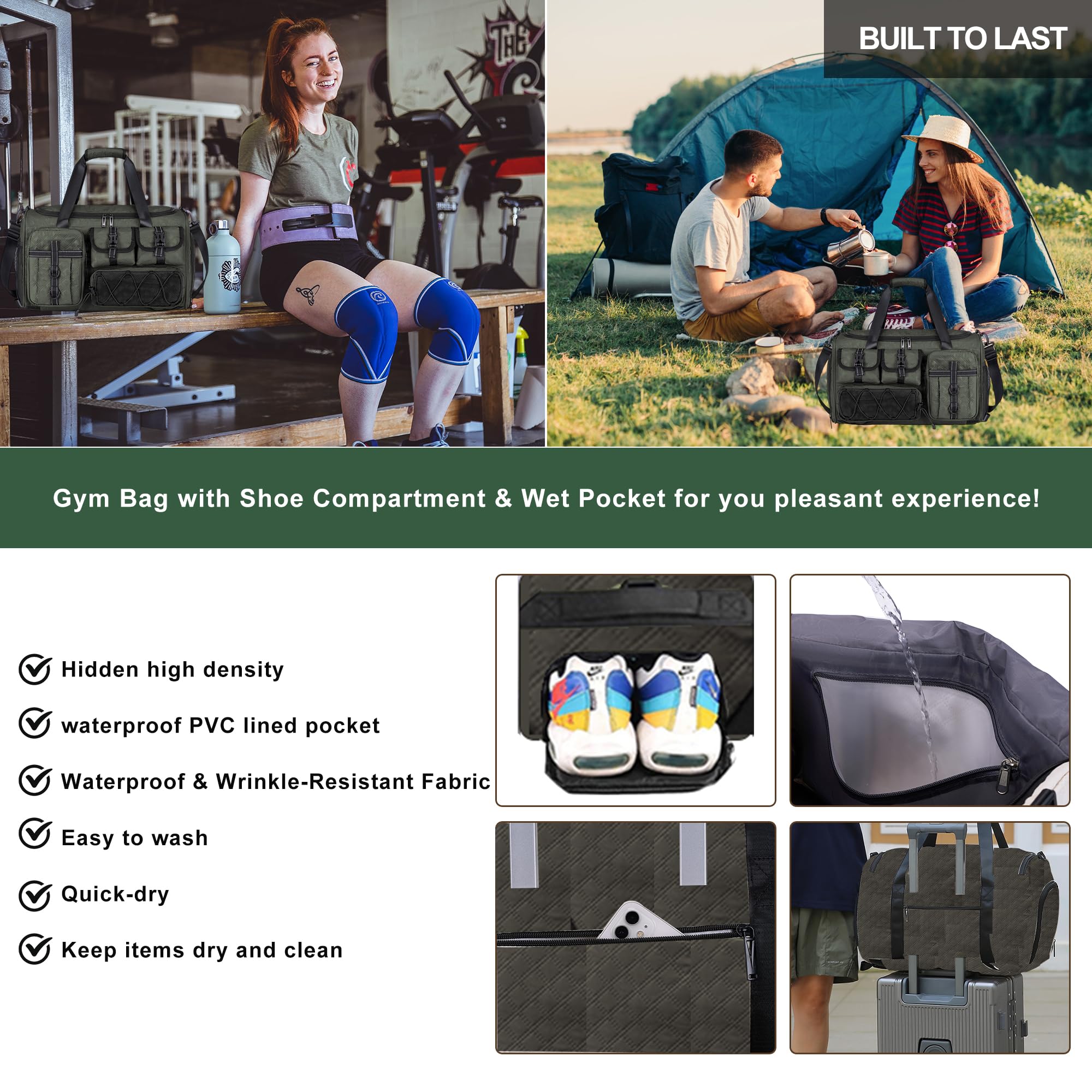 4 in1Sports Borsone da palestra impermeabile con scomparto per scarpe; borsa per oggetti personali con tasca bagnata; borsa spessa per la notte e borsa da weekender, borsa da palestra per donne e