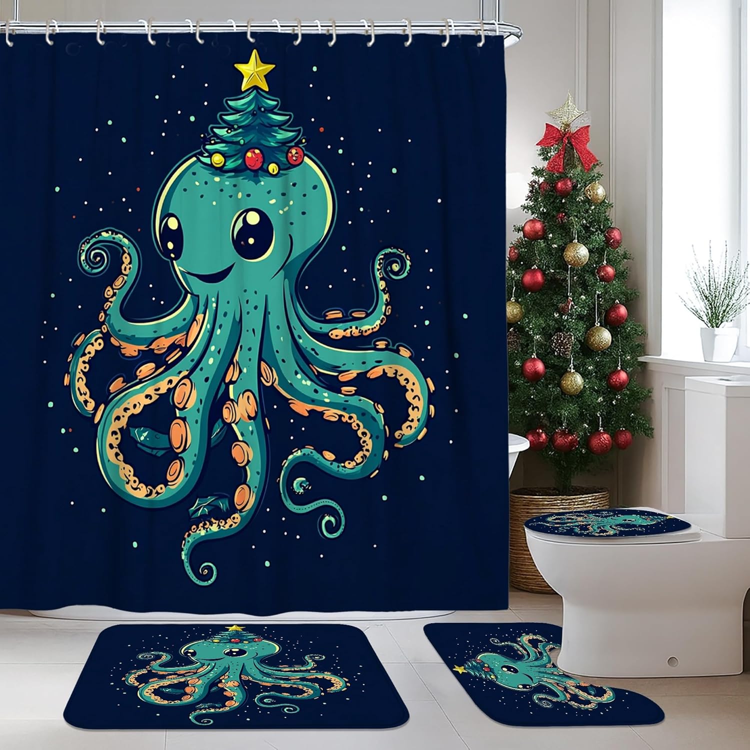4PCS Kid Christmas Octopus Bathroom Accessory Sets with Non-Slip Rug, U Shape and Toilet Lid Cover Mat, Fun Cartoon Ocean Sea Xmas Bathroom Decorative-72''x72''