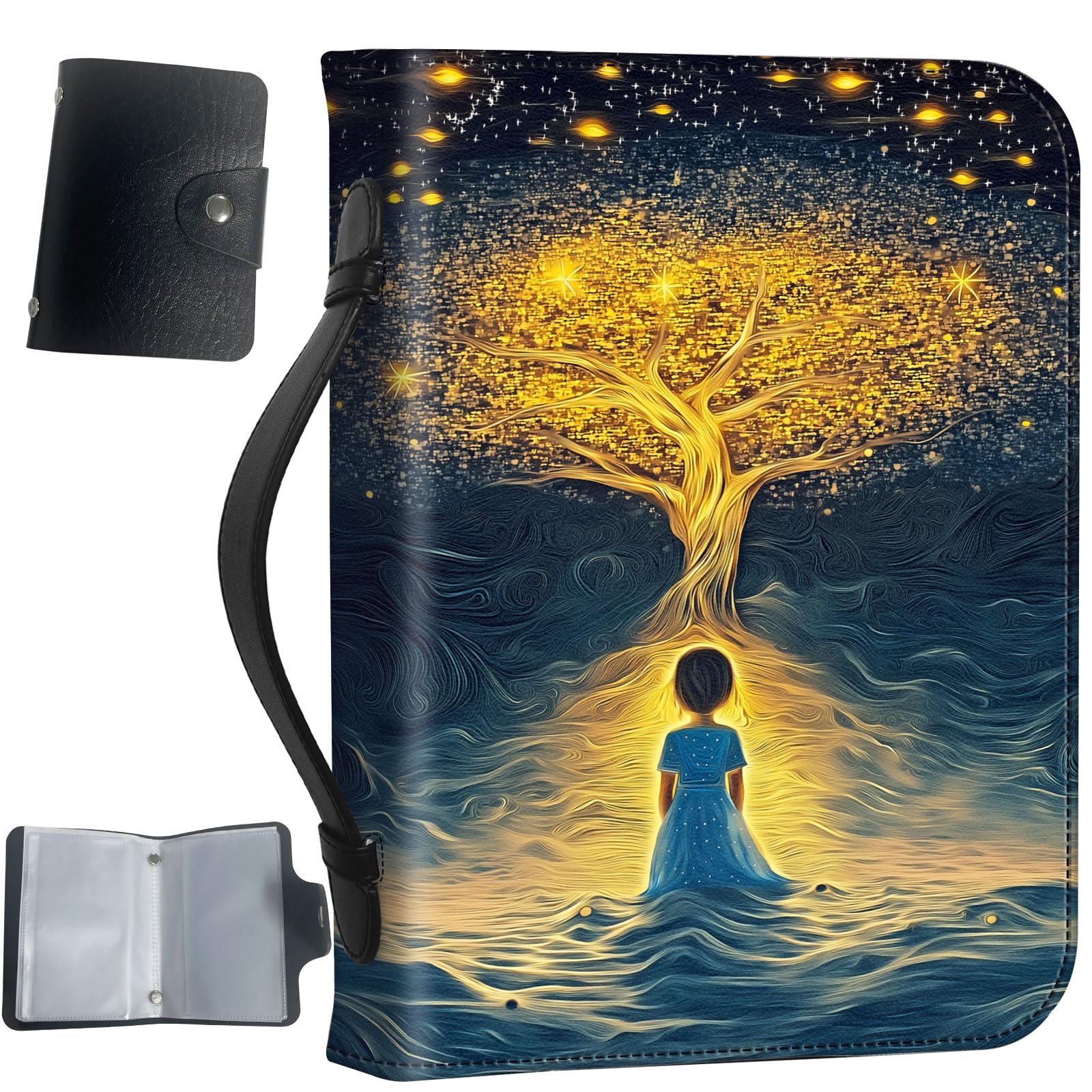 PU Leather Bible Cover with Handle & Pockets, Large Capacity Bible Case, Water-Resistant Scripture Organizer Bag with Bonus Card Holder, Christian Gift for Women & Men, Meditating Under Tree