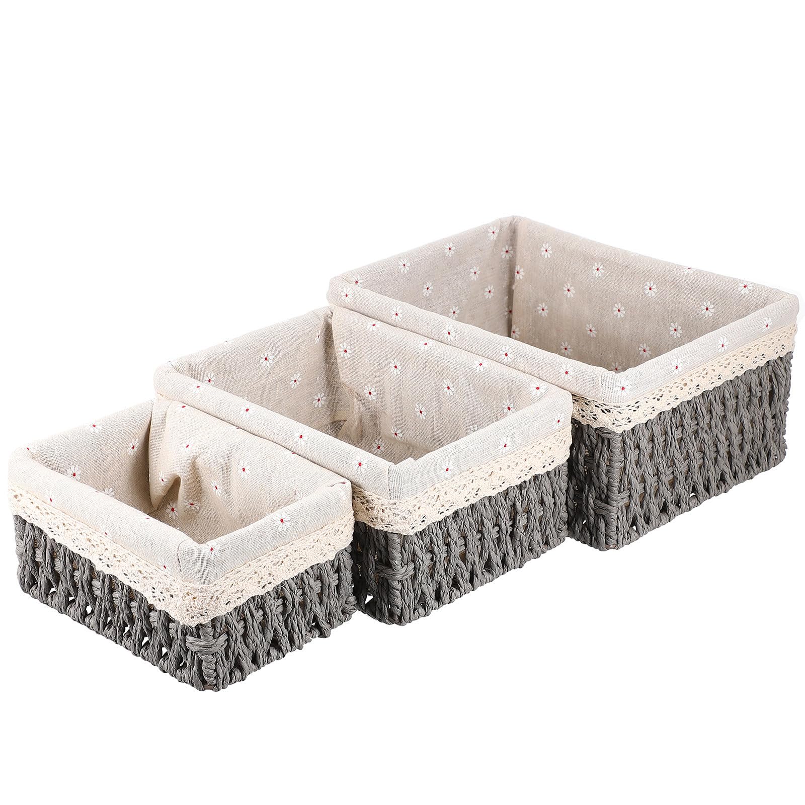 Set 3 Cestini Portaoggetti da Scrivania in Rattan Intrecciato Grigio, Organizer Compatti per Casa e Ufficio, Contenitori Multiuso per Piccoli Oggetti