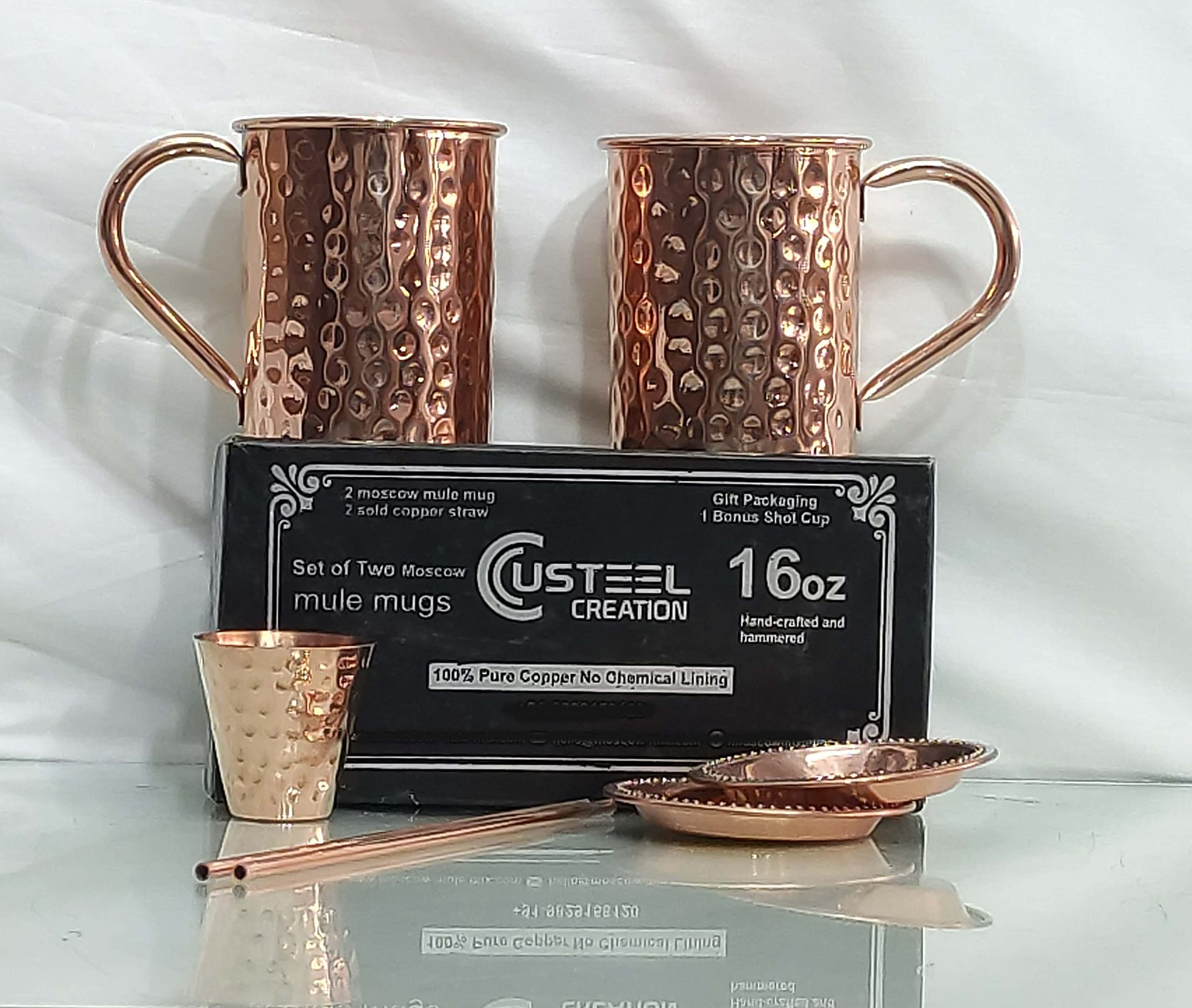 Custeel Creation Traditional Fiber Moscow Mule- Copper Mugs -Set of Two - Includes 2 x 16oz Mugs- 2 x Coasters- 2 x Straws-1 x Shot Glass/Cup in Gift Box - 100% Copper - Roosevelt Style Drinking Mug