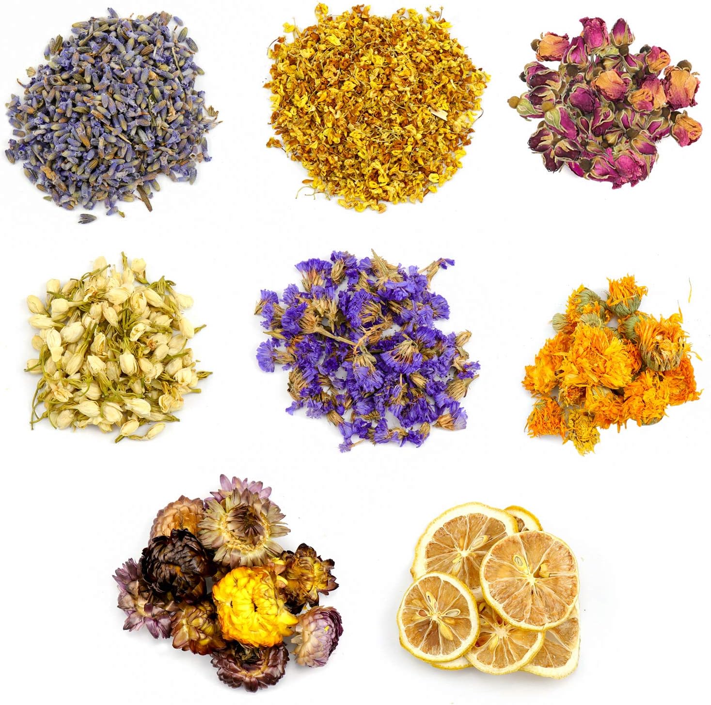 Dreamtop Dried Flowers, 8 Types Natural Flowers Dried Flower Kit - Lemon Slice, Strawflower, Osmanthus, Jasmine, Rose, Forget-me-not, Marigold, Lavender for Soap Candle Making DIY Supplies