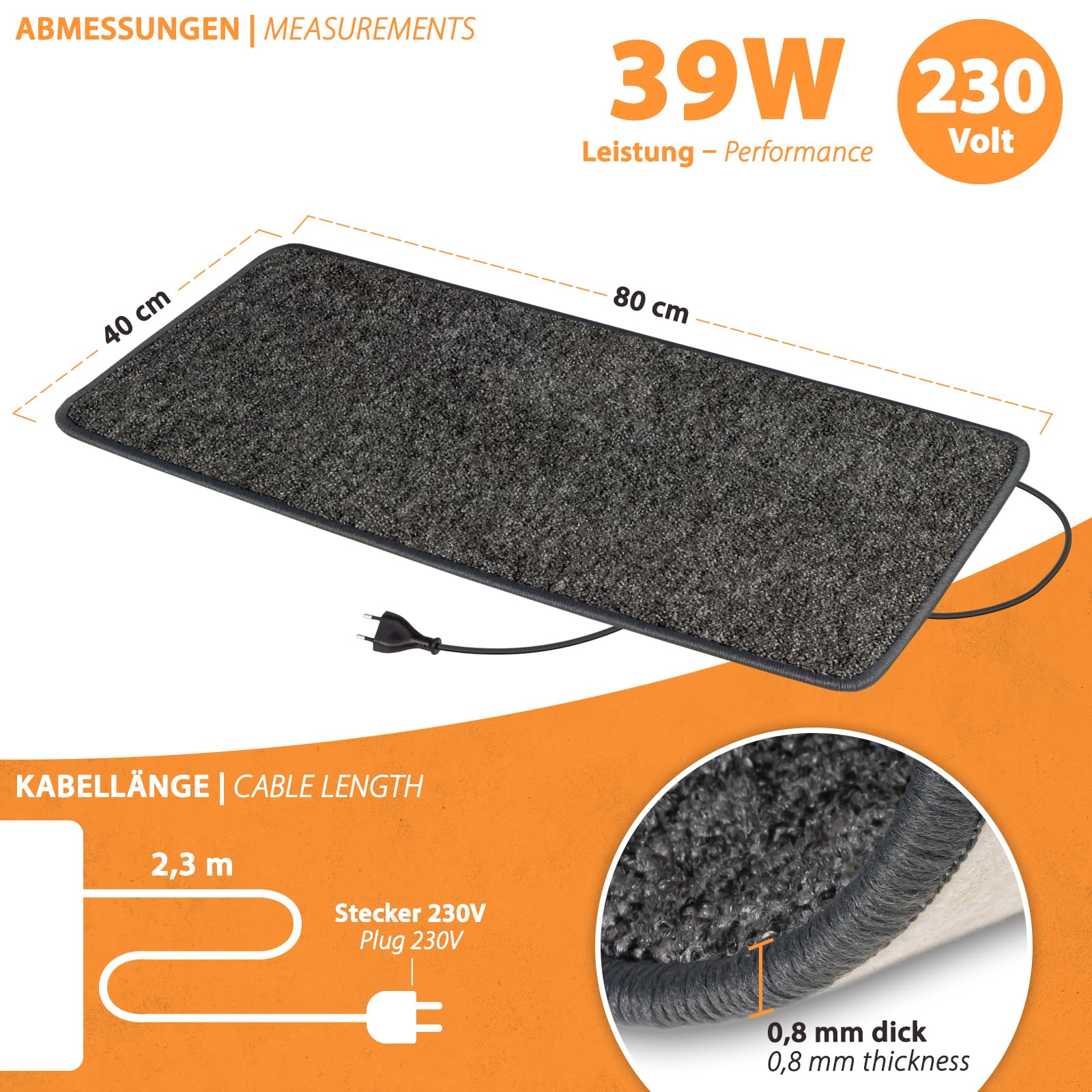 Pro Car dywan grzewczy na podczerwień, mata grzewcza, ogrzewacz do stóp, 230 V, antracytowy, w 8 rozmiarach, do przyczep kempingowych, biura (40 x 80 cm)