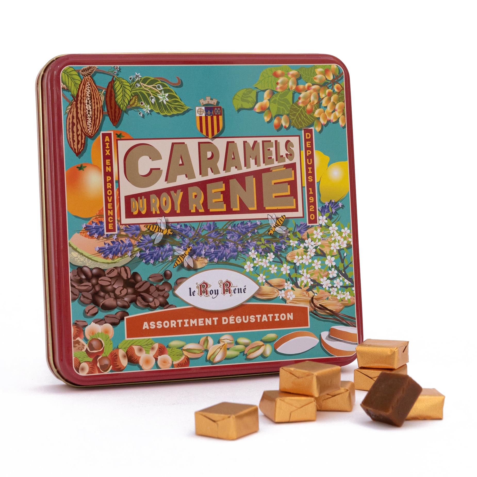 LE ROY RENÉ Negozio di alimentari Fine - 36 caramelli. Assortimento degustazione 6 gusti diversi: Fiore di sale, nocciola, limone, caffè, pistacchio, calisson - Origine Francia. Cofanetto in metallo