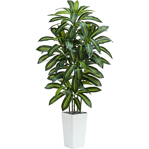 Artificial Dracaena Tree：5FT Faux Silk Tropical Yucca Floor Trees Realistic Fake Green Plant with Natural Wood Trunk & Lifelike Leaves for Home Office Decor Indoor & Outdoor (5FT,1-Pack,White)
