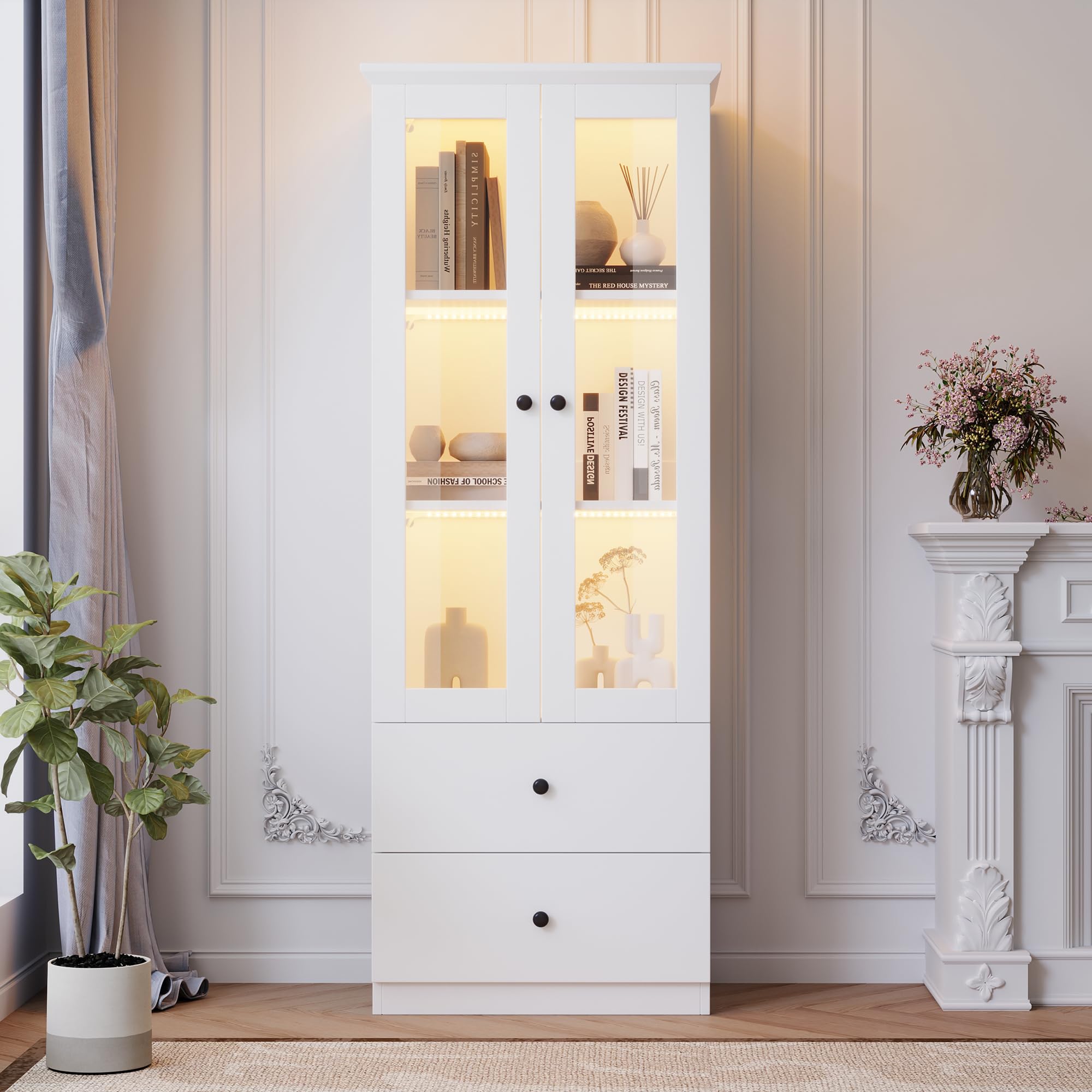 Moderna vitrina LED blanca mate de 165 cm de alto con puerto USB, mando a distancia de 16 colores, vitrina de cristal con 2 cajones, vitrina vertical con estantes ajustables, sala de estar