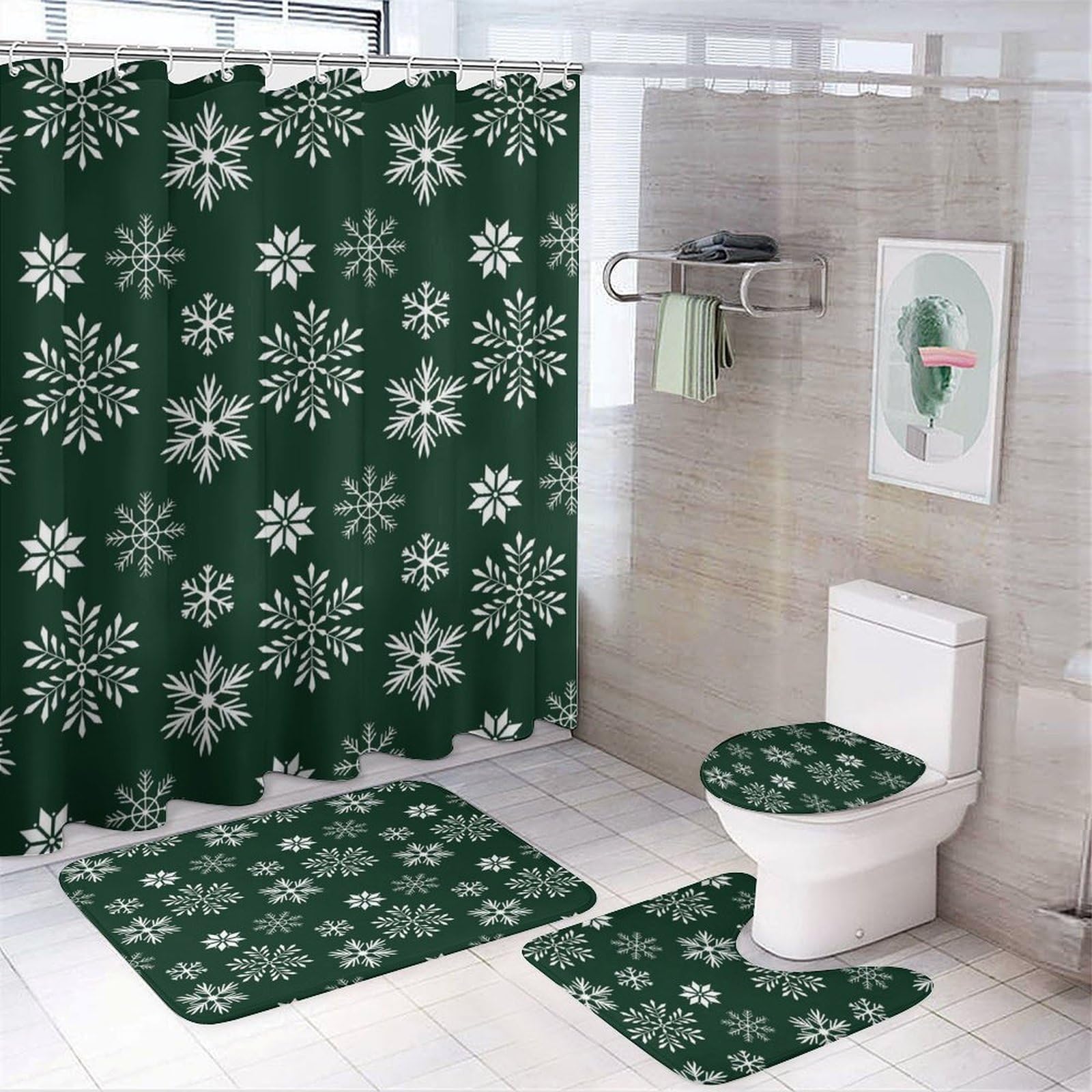 Colección navideña Baño de Cuatro Piezas Tappeto De Baño De Bambú, Antideslizante Y Lavable, Ideal para Ducha Y Baño Moderno 183×183cm
