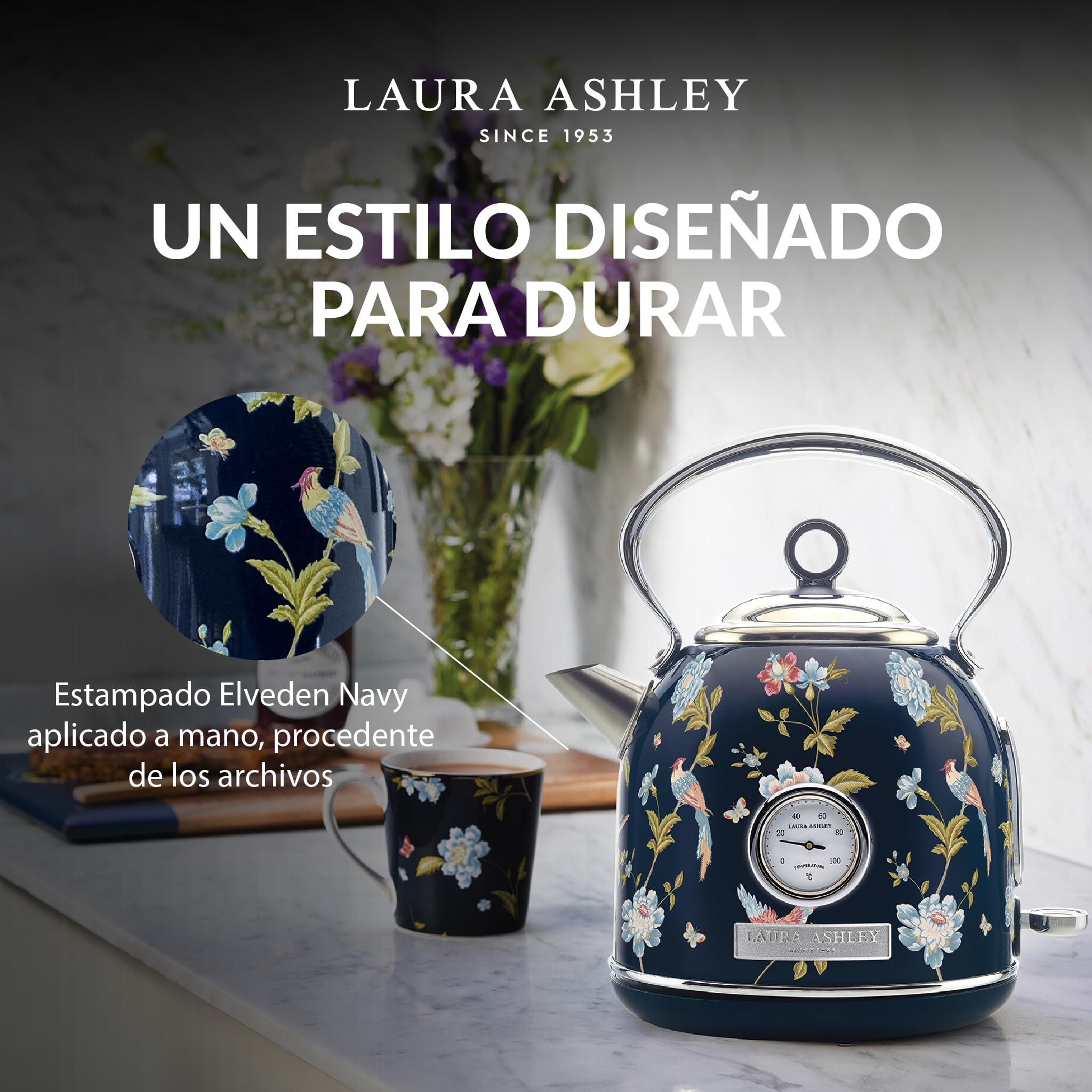 VQ Laura Ashley Elveden Navy 1,7 L Hervidor de Agua Eléctrico de Cúpula | Tetera Eléctrica de Gran Capacidad, 2,2 kW Ebullición Rápida, Protección contra Sobrecalentamiento e Indicador de Temperatura