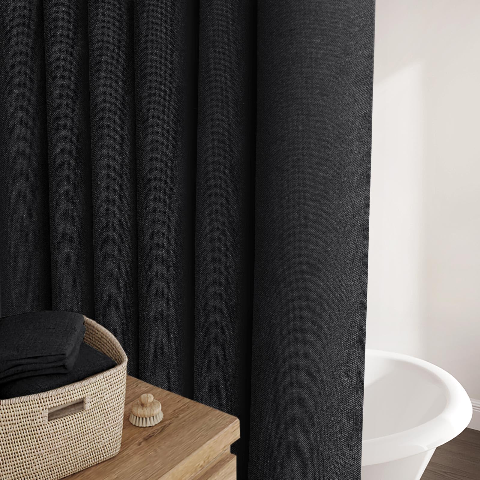 Awellife Extra Long Black Linen Shower Curtain Set with 12 Durable Hooks