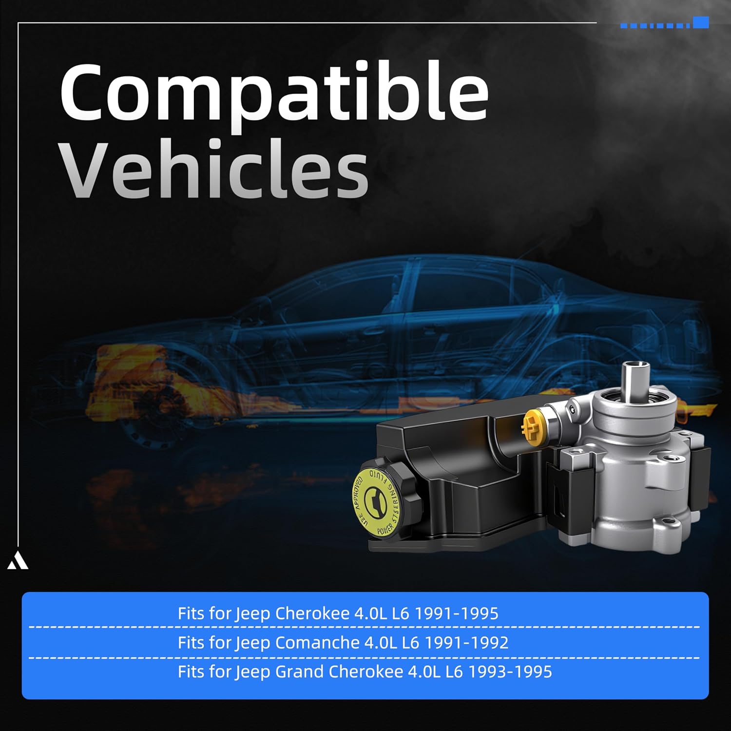 Power Steering Pump, for Jeep Cherokee 1991-1995, for Comanche 1991-1992, for Grand Cherokee 1993-1995, 4.0L L6, Power Assist Pump Replace# 20-38606, 2038606, 2038606F