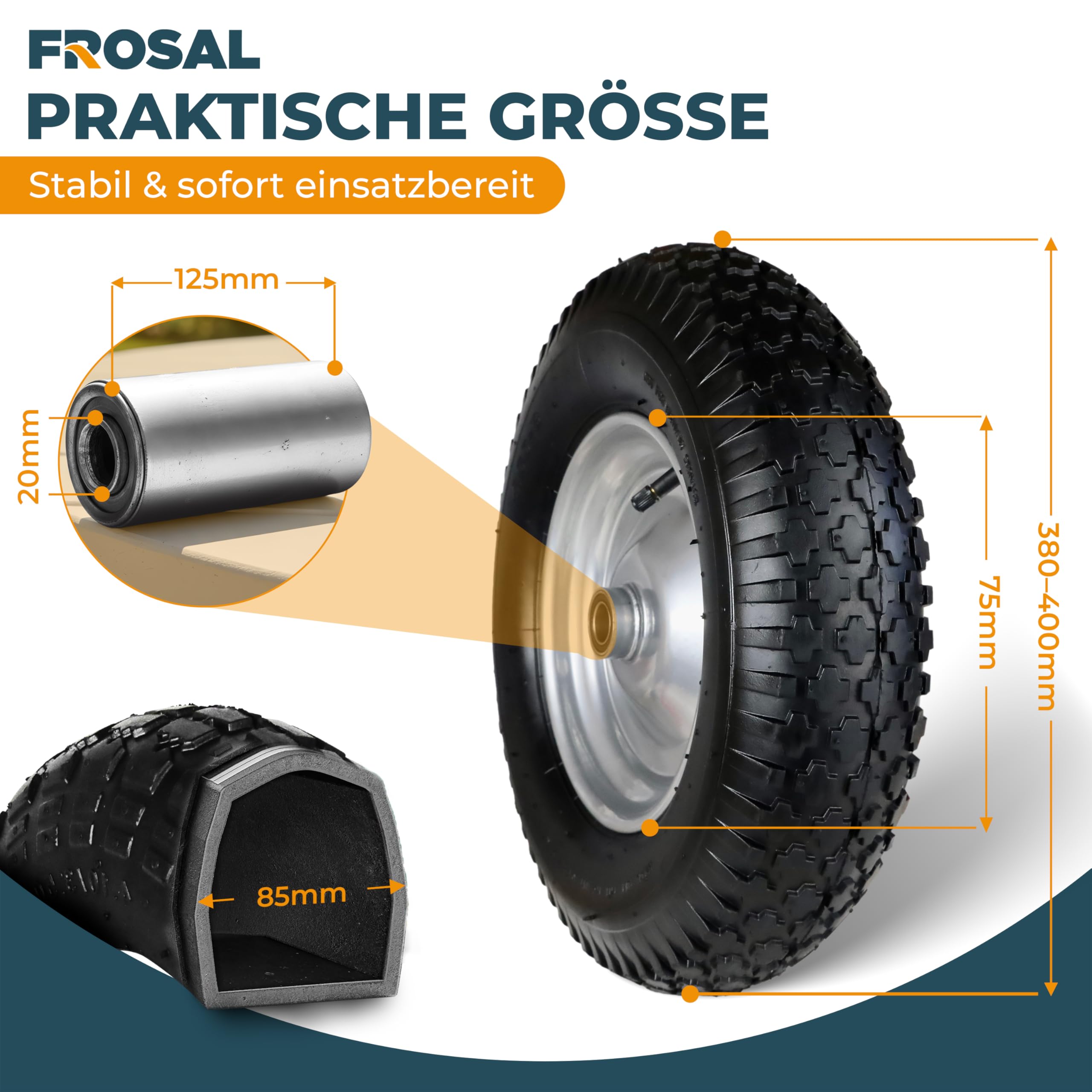 FROSAL Schubkarrenrad 400 mm mit Schlauch inkl. Achse – Ersatzrad 4.80/4.00-8 mit 20 mm Achse – Ø ca. 380–400 mm, Breite ca. 100 mm – Stahlfelge silber mit Kugellager